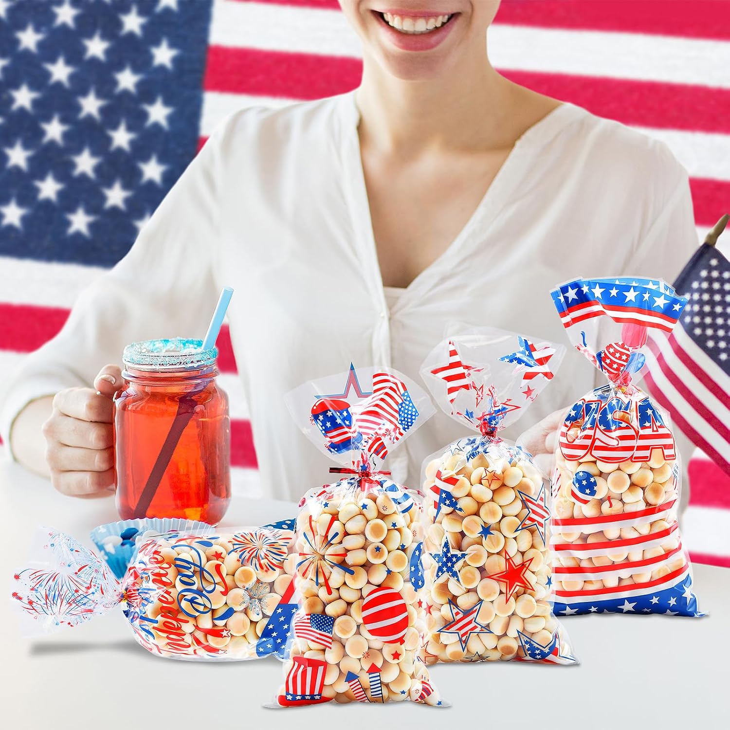 160 Pieces 4 Styles 4th of July Cellophane Treat Bags with Twist Ties, Patriotic USA Flag, Stars, and Fireworks Designs Clear Goodie Bags for Independence Day, Memorial Day, Veterans Day, and Party Favors