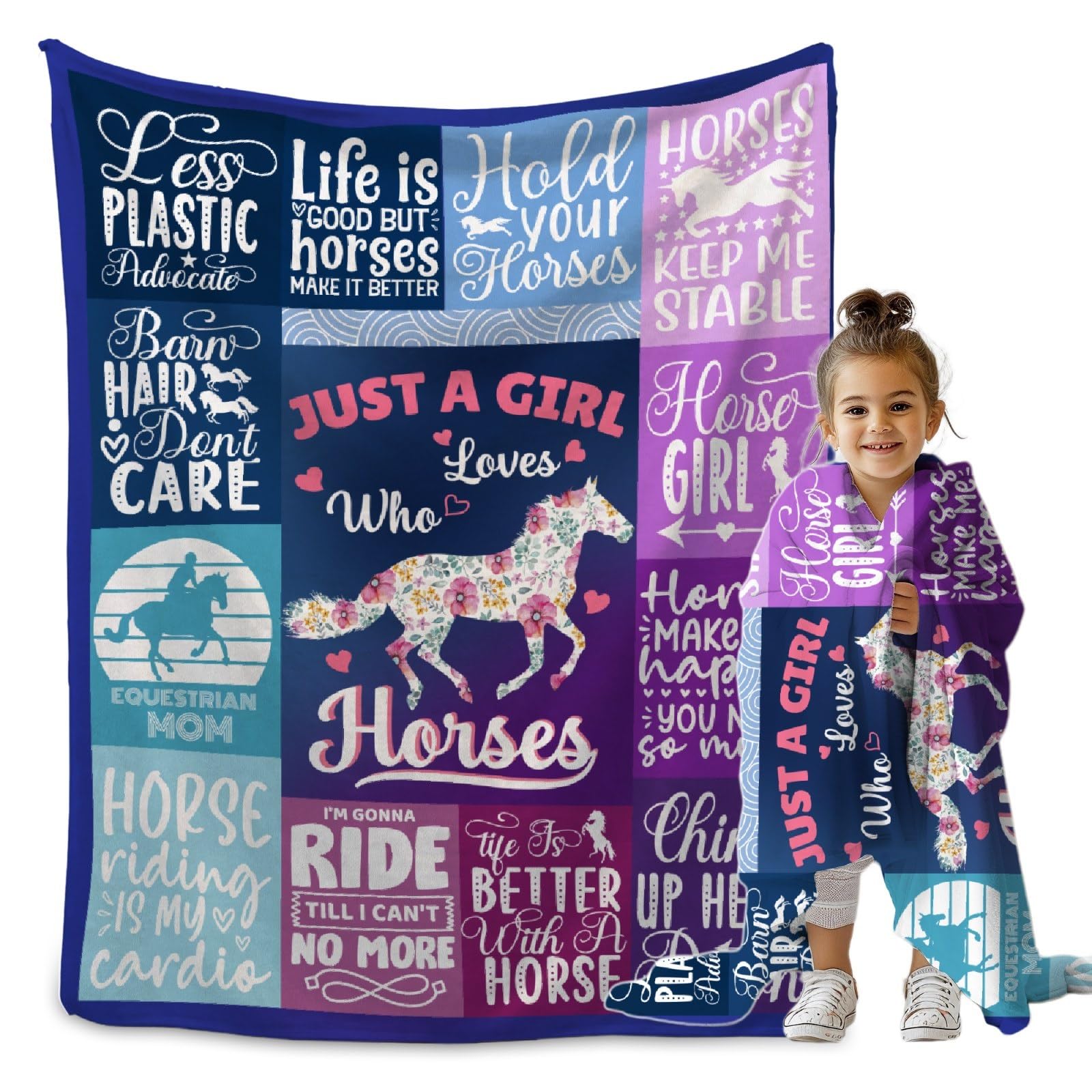 Horse Blanket Gifts for Girls Women, Just A Girl Who Loves Horses Throw Blanket, Cute Horse Blanket for Horse Lovers Flannel Fleece Soft Warm Fuzzy Throw Horse Decor Bed Living Room for Teens 60