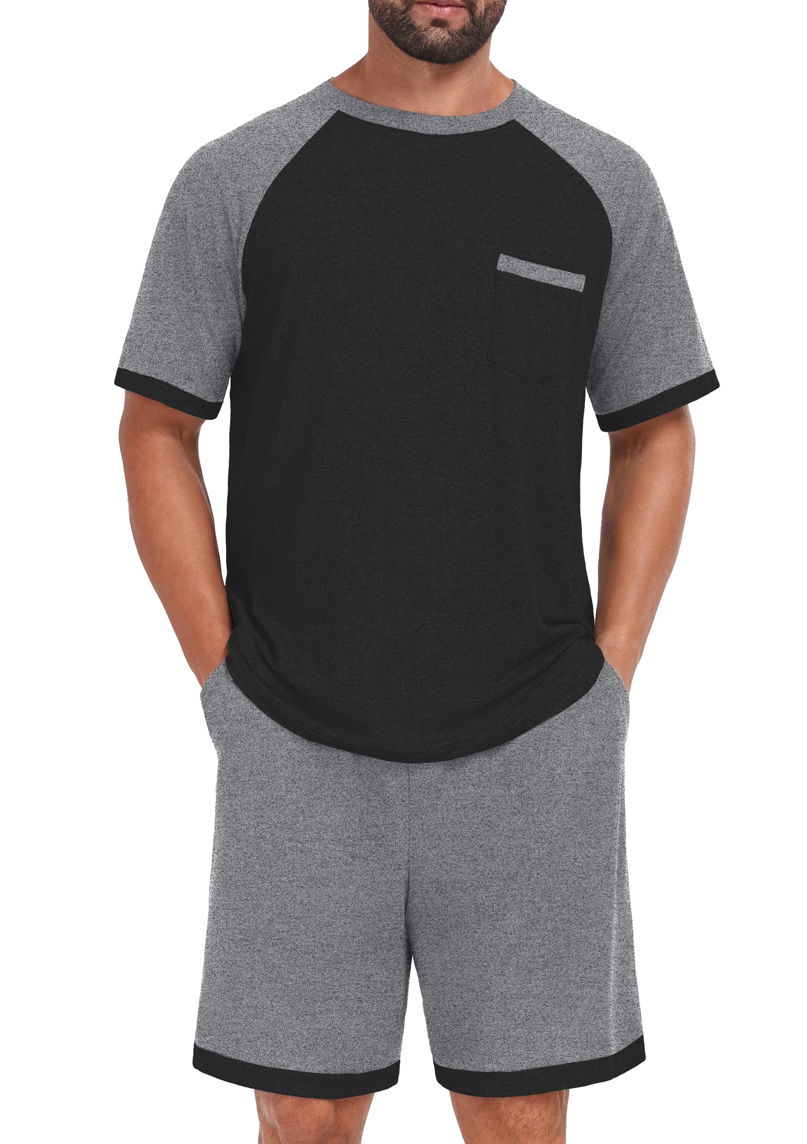 Mens Pajamas Set Shirt and Shorts Lightweight Summer Sleepwear