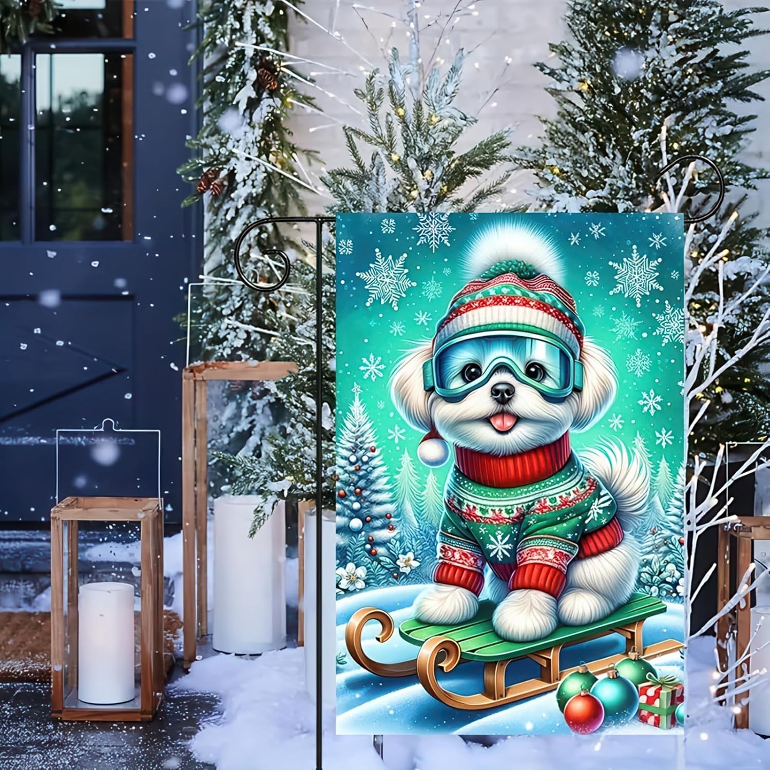Christmas Double Sided 12x18 Flag Winter Dog Garden Flag Adorable Maltese Dog Skiing Garden Flag Snowflakes And Ornaments Charming Winter Design For Holiday Outdoor Lawn Decor Banner - Image 6