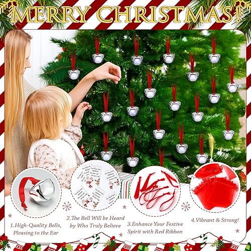Miniatura 6 de 200 adornos de campana de Navidad Believe de 1.5 pulgadas, decoración de campanas de regalo para árbol de Navidad con tarjeta de cinta roja y bolsas