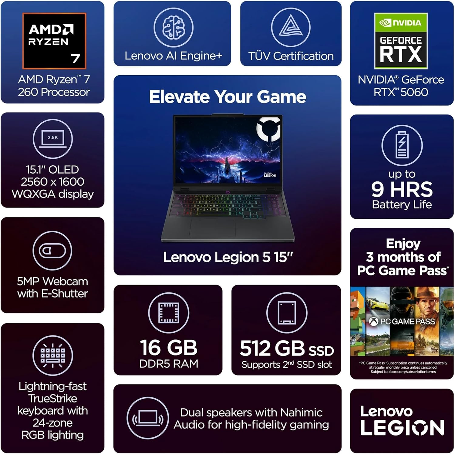 Lenovo Legion 5 15.1" WQXGA OLED 165Hz Gaming Laptop, AMD Ryzen 7-260(>Intel i9-13905H), NVIDIA GeForce RTX 5060 8GB GDDR7, WiFi 7, RGB Backlit, Win11 PRO, W/128GB PSD(32GB|2TB SSD)