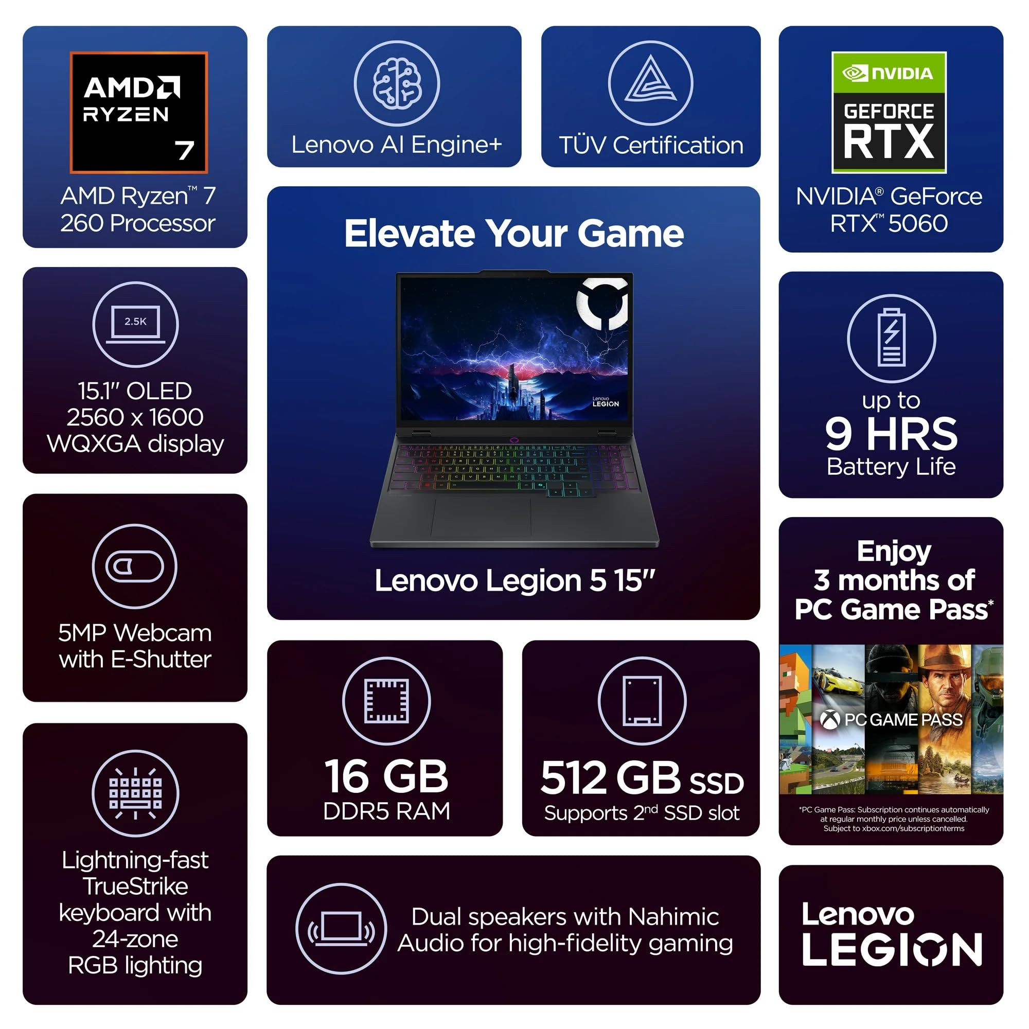 Lenovo Legion 5 QHD Gaming Laptop, 15" WQXGA, AMD Ryzen 7-260(>Intel i9-13905H), NVIDIA GeForce RTX 5060 8GB GDDR7, WiFi 7, 24-Zone RGB Backlit KB, Win11 PRO, W/128GB PSD (32GB|2TB SSD )