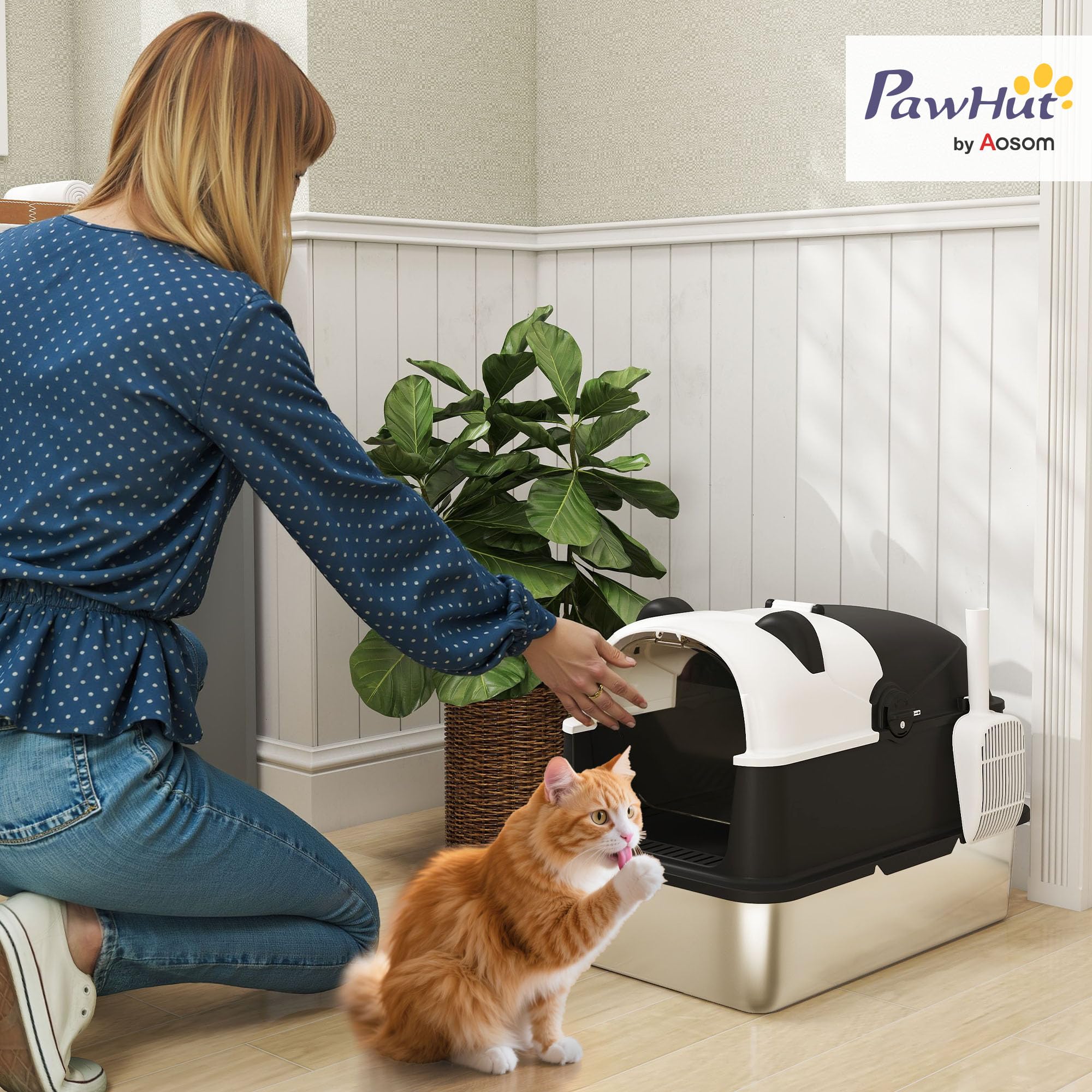 PawHut XL Bandeja Sanitaria de Acero Inoxidable con Tapa, Bandeja Sanitaria Extra Grande con Pala y Tapa abatible 180°, antifugas, Antiadherente, antiolor, fácil de Limpiar, para Gatos Grandes,
