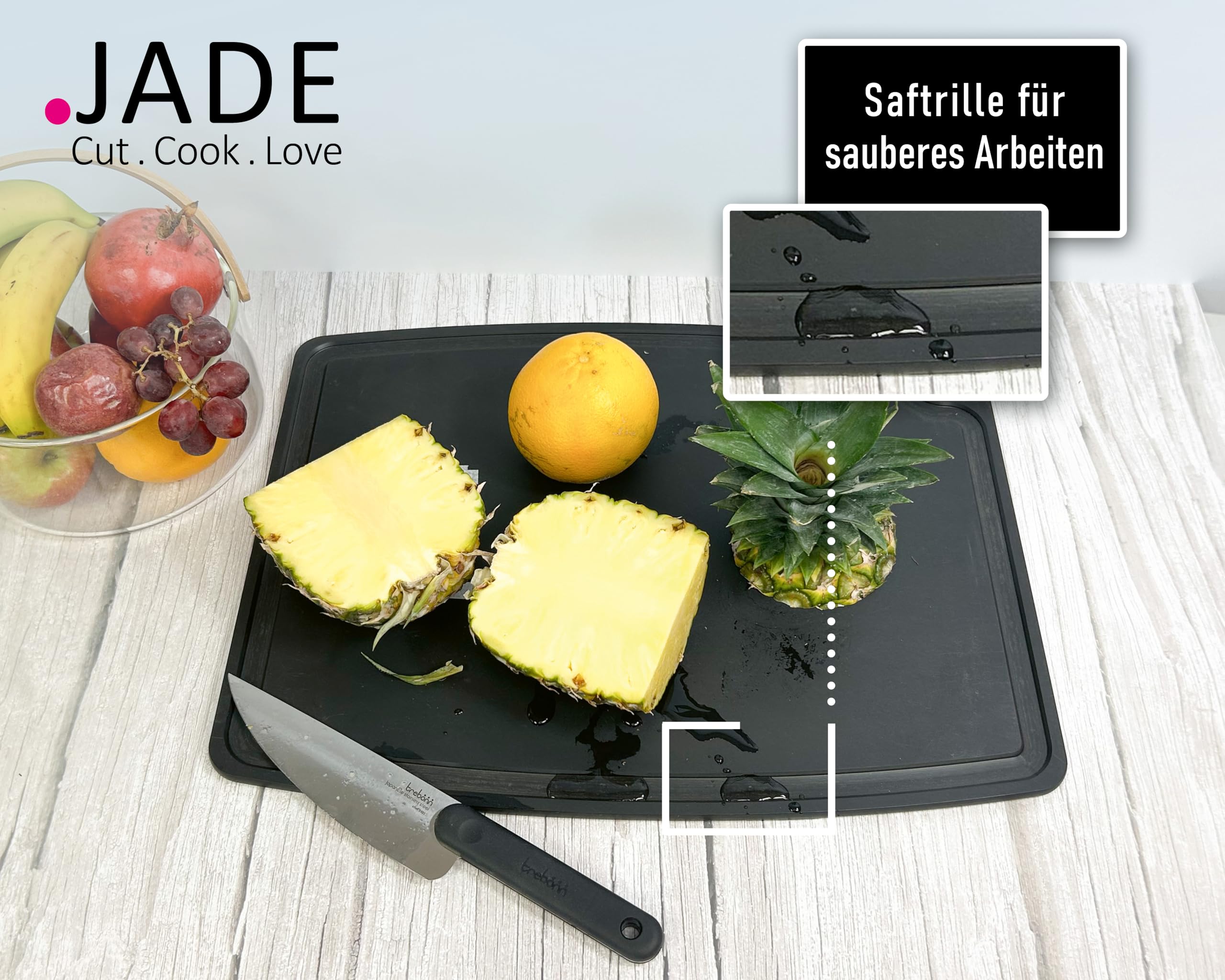 JADE Schneidebrett Gourmet Gripper (44 x 32,5 cm) mit Saftrille & rutschfesten Füßen - aus Zellulose-Laminat, schwarz - messerschonend, spülmaschinenfest, hygienisch, hitzebeständig