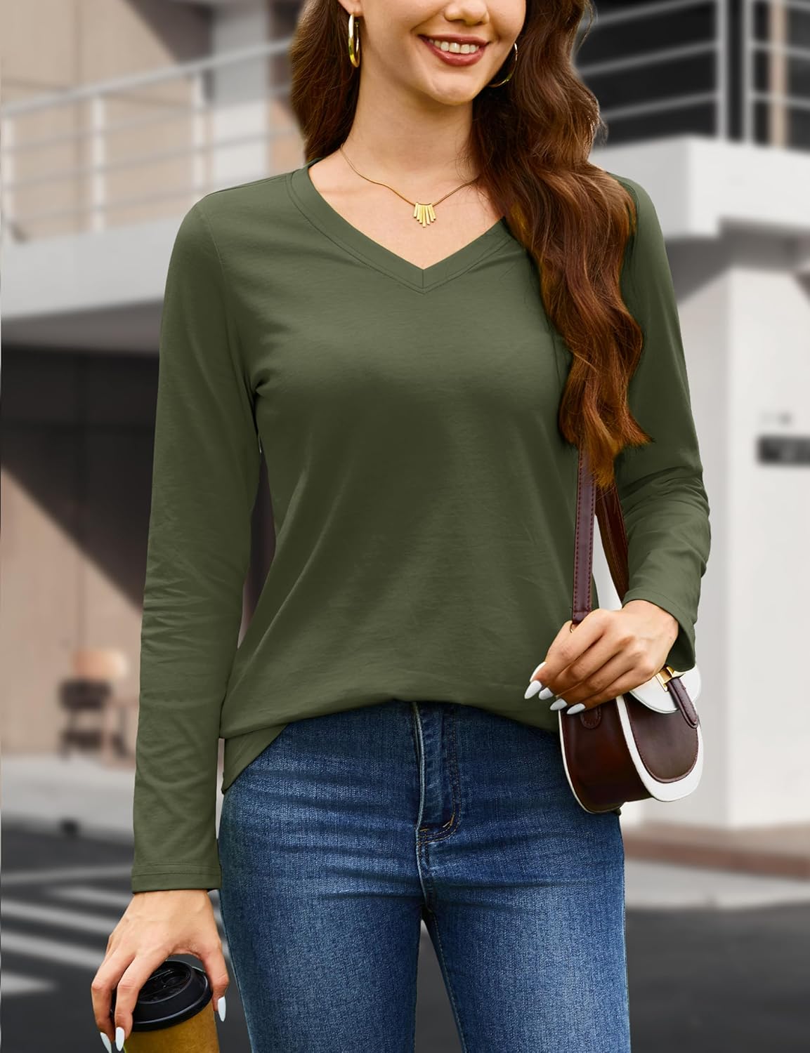 YUCOLEN Cotton Long Sleeve Shirt for Women V Neck T Shirt Casual Basic Tee Tops Blouse Clothes Army Green M - Image 4