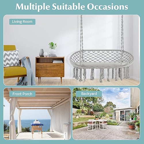 Miniatura 9 de Tangkula Silla hamaca para 2 personas, hamaca colgante de macramé con cojín, cuerda de algodón, borlas, silla colgante de estilo bohemio para