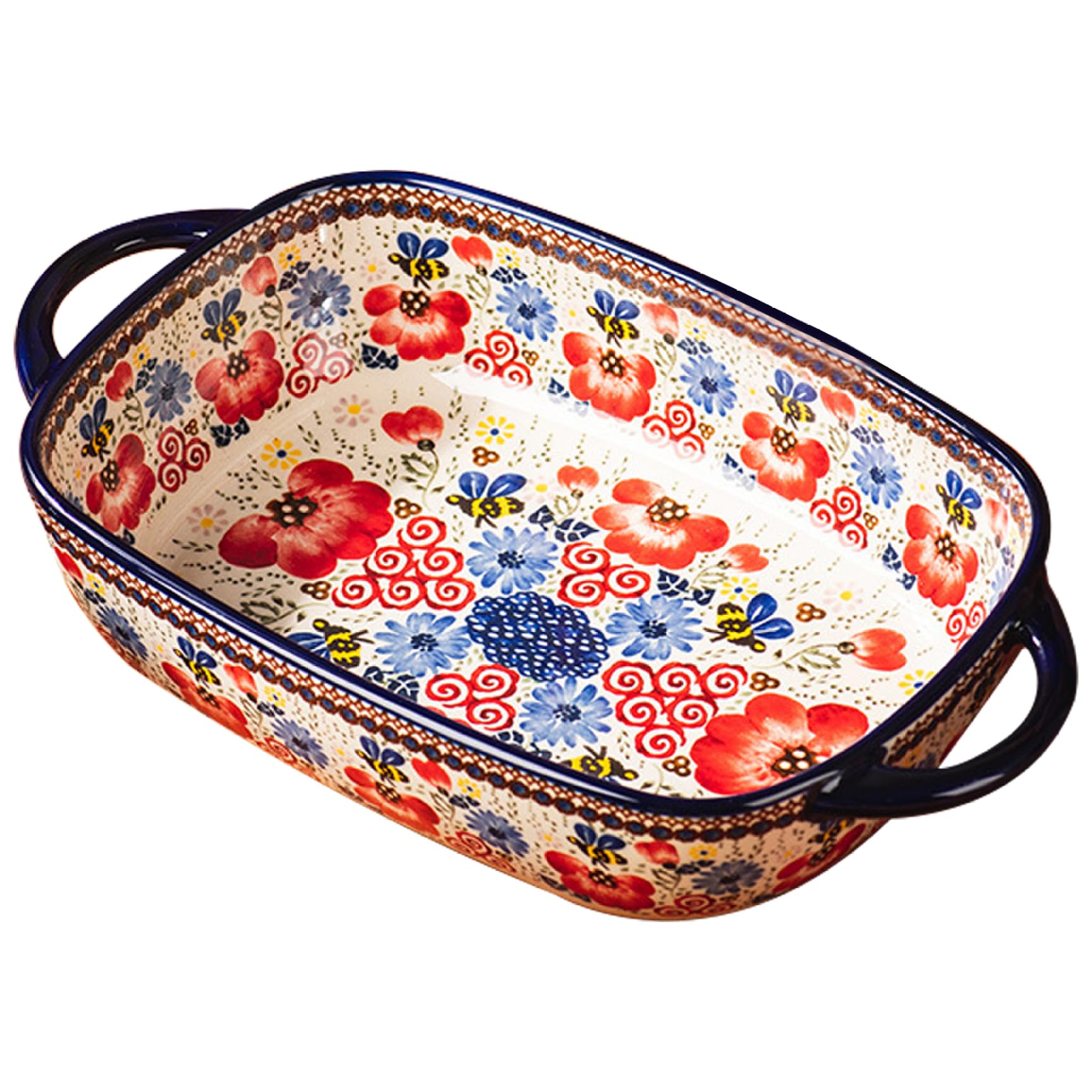 Plato de horno de cerámica, fuente para hornear, 730 ml de plato de horno de cerámica resistente al calor con manijas dobles, plato de lasaña de rectángulo con estampado de flores, platos de cazuela