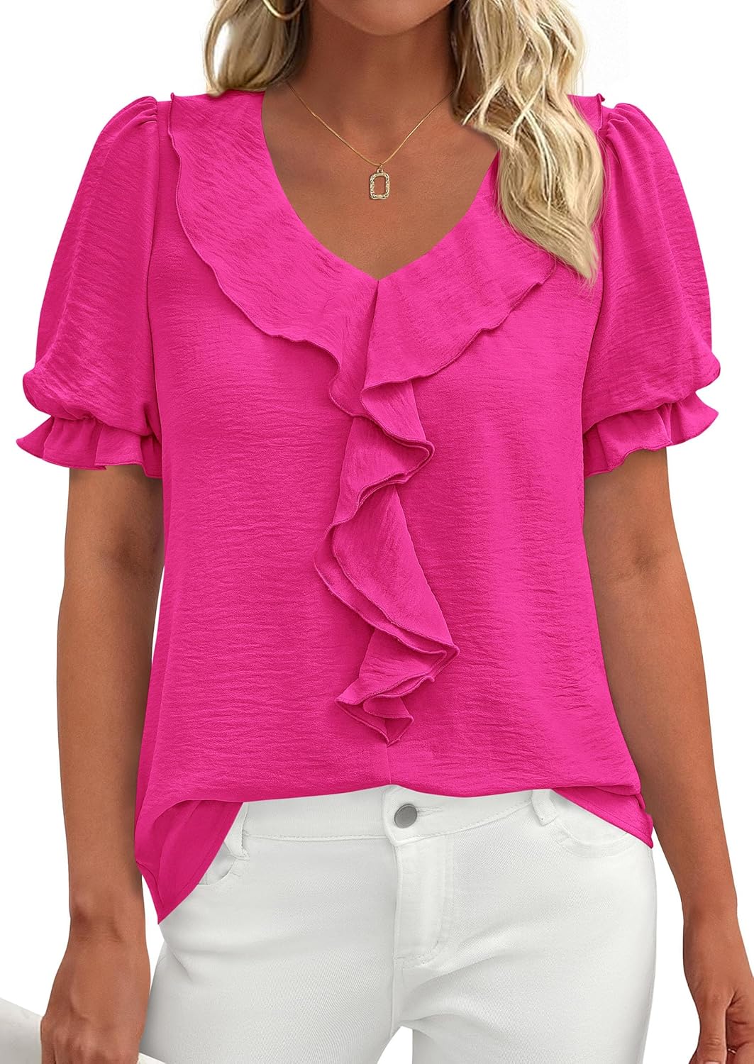 PRETTYGARDEN Women's Summer Dressy Casual Blouses 2026 Short Sleeve V Neck Ruffle Business Work Tops Trendy Spring Outfits