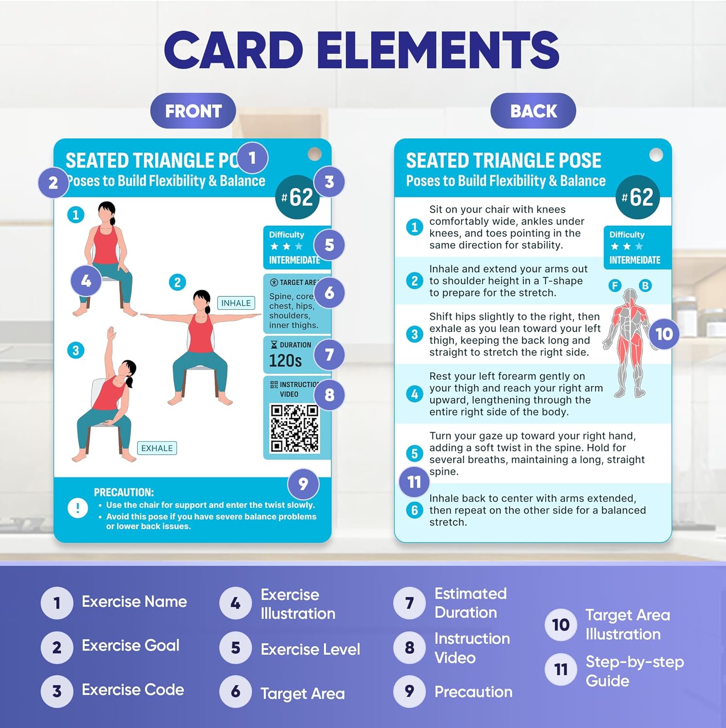 [100+ BIG CARDS] Chair Yoga for Seniors Over 60 - Chair Yoga Cards with Step-by-step Guides Full HD Videos, 28 Days Challenge for 3 Levels, Bonus 4 Rings & Wooden Base, Chair Exercises for Senior - Image 4