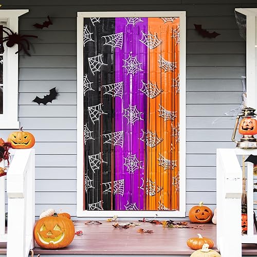 Miniatura 8 de Mega-L - Decoraciones de fiesta de Halloween, paquete de 2 cortinas de flecos de tela de araña naranja, morado y negro, 3.3 x 6.6 pies para cabina