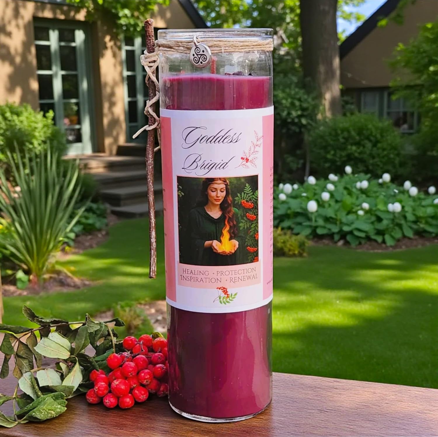 Brigid Fire Goddess Candle Hand Poured Elegant Coco Soy, Pomegranate, Rowan Berries, Garnet, Healing, Renewal, Witch, Triskele Charm, Rowan Twig