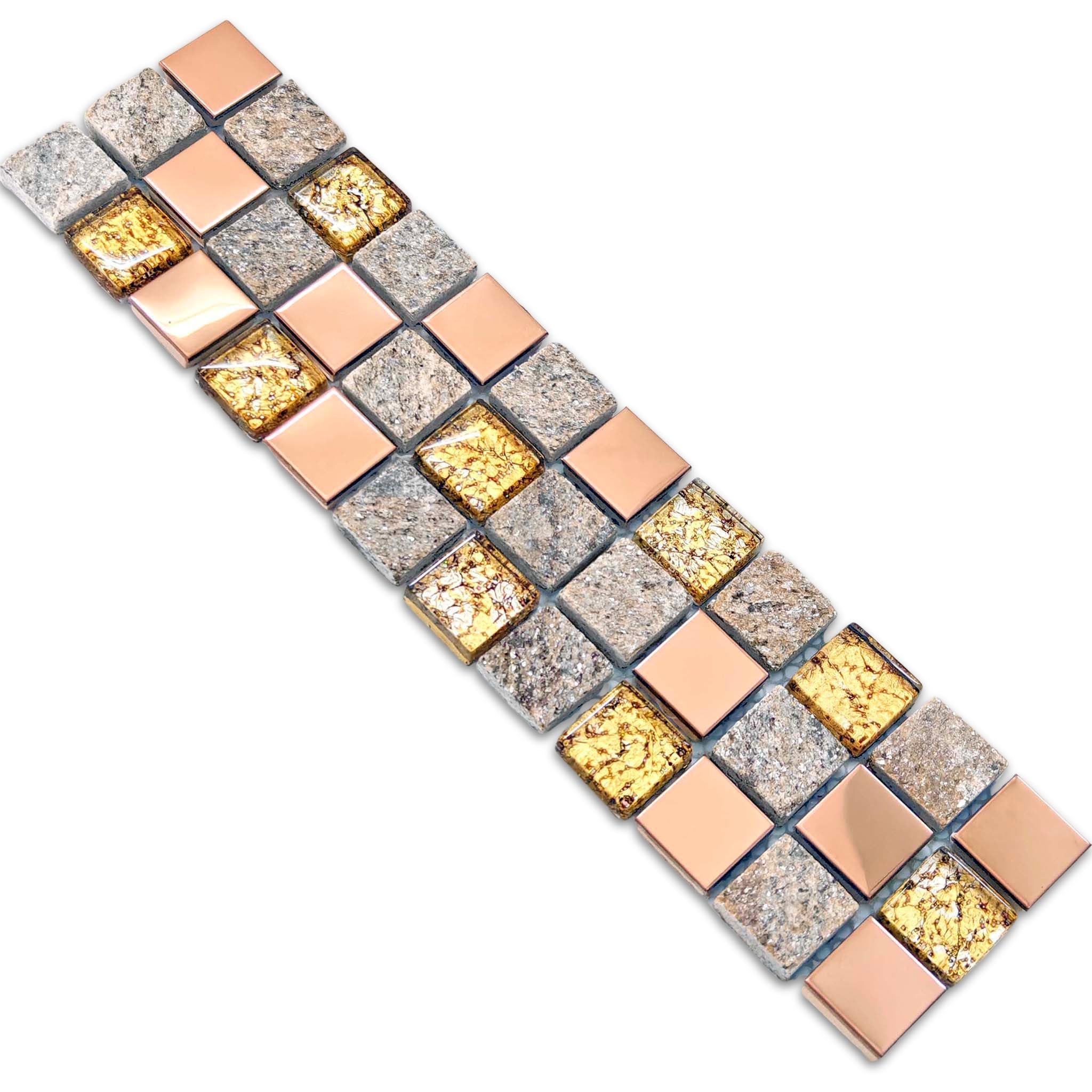Luxury Glass Stone Tile Rose Gold Glitter Metal Mosaic Accent Backsplash Tiles in Kitchen Bathroom Walls and Fireplace Decor (3x12 Sample)