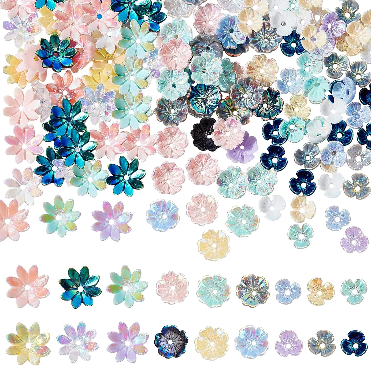 arricraft 150 Pcs Flower Beads Caps, 3 Styles Resin Flower Bead End Caps Multi-Petal AB Spacer Loose Beads for DIY Craft Necklaces Bracelets Jewelry Making