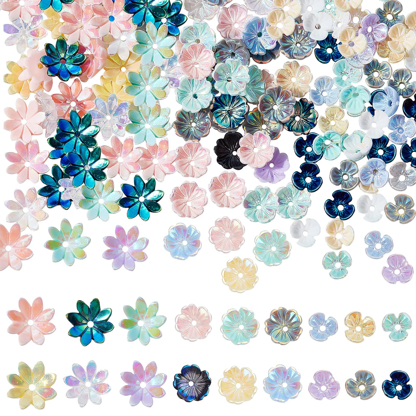 arricraft 150 Pcs Flower Beads Caps, 3 Styles Resin Flower Bead End Caps Multi-Petal AB Spacer Loose Beads for DIY Craft Necklaces Bracelets Jewelry Making