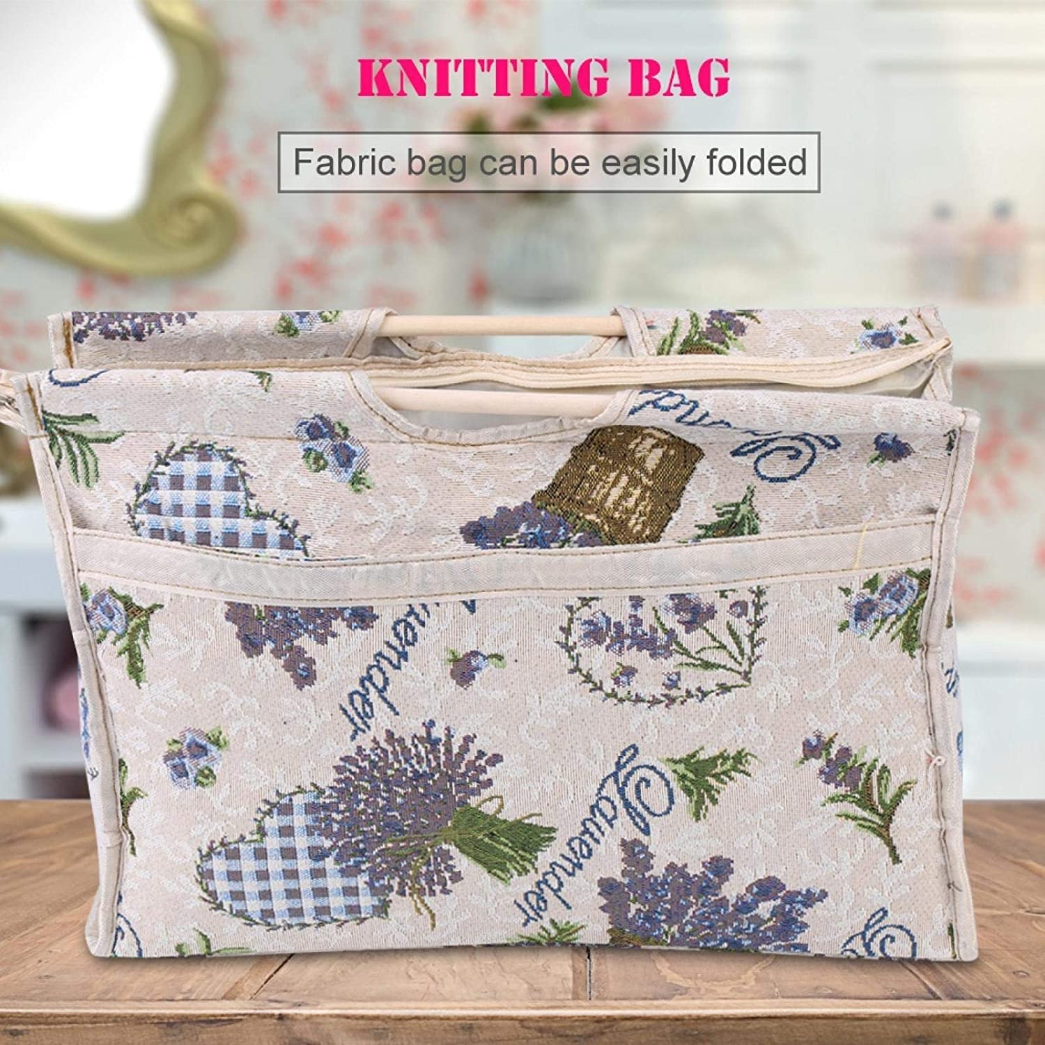 1 x Practical Wooden Knitting Tote Bag,Woven Handle,Pull Organiser,Woven Storage Bag,Fabric Storage Bag for Knitting Needles Sewing Tools (Purple Flower) - Image 2