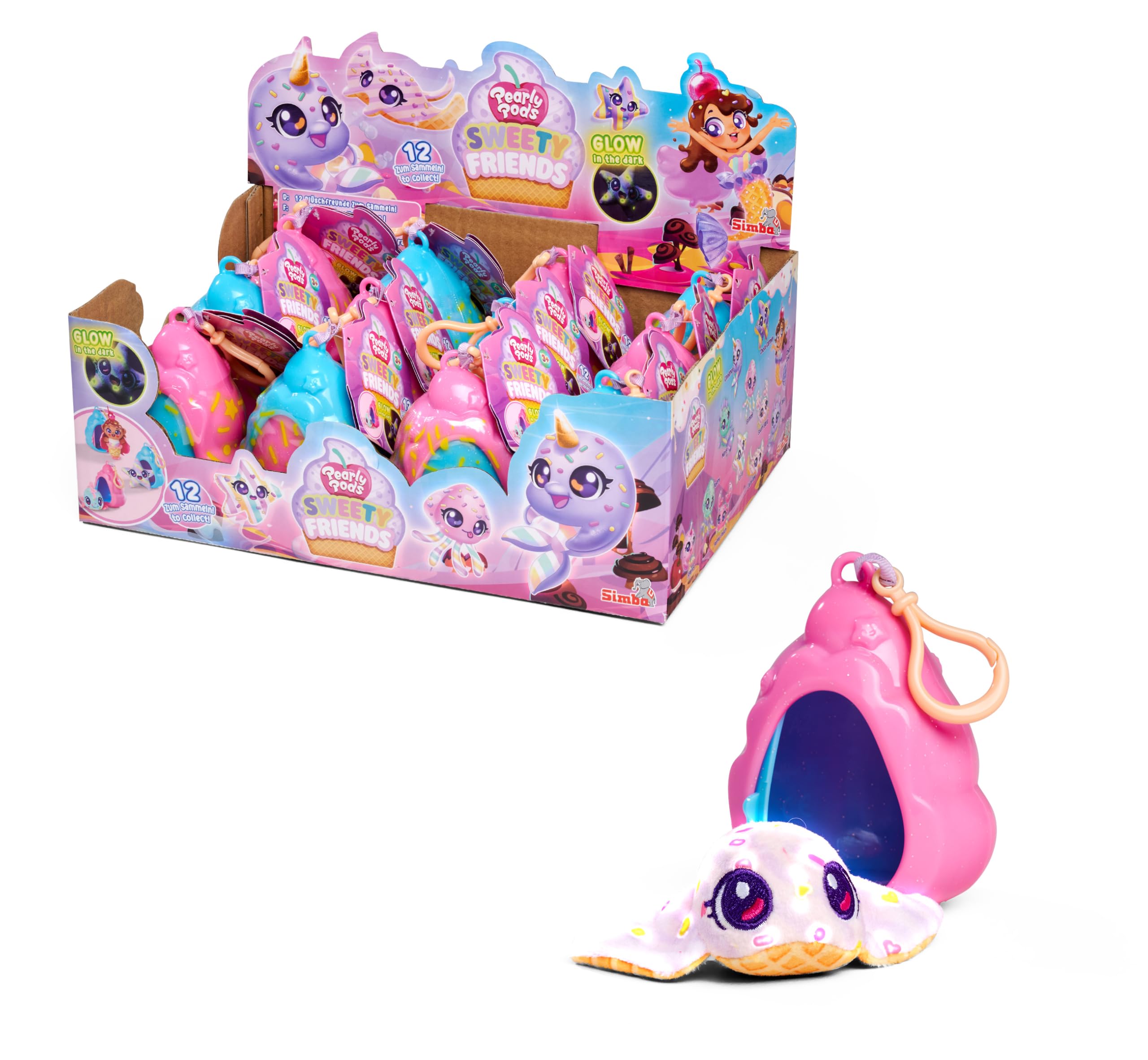 Simba Toys - Pearly Pods Sweety Friends, 12 Assorted Colours, Plush with Luminous Effect, 8 cm, Rare Mermaid and Pearl, Shell Pendant, from 3 Years