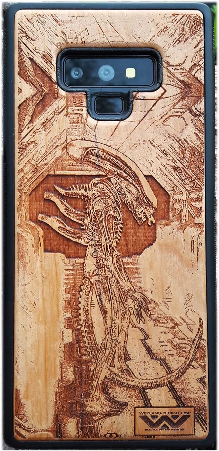 Xenomorph Alien Laser Engraved Wood Case Fits iPhone 17, 16, 15 Pro Max Mini & Galaxy S26, S25, S24 Ultra Plus – Eco-Friendly, Slim, Durable Wooden Phone Cover
