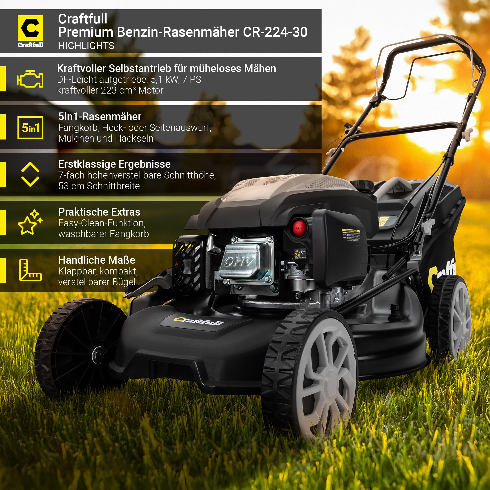 Craftfull Benzin Rasenmäher CR-224-30 | 5,1 KW 7 PS | 223 cm³ OHV Motor | Benzinrasenmäher - Mäher - Selbstfahrantrieb - 53 cm Schnittbreite in 7 Höhenstufen (CR-224-30 5,1 KW 7 PS 223 cm³ Motor Grau)