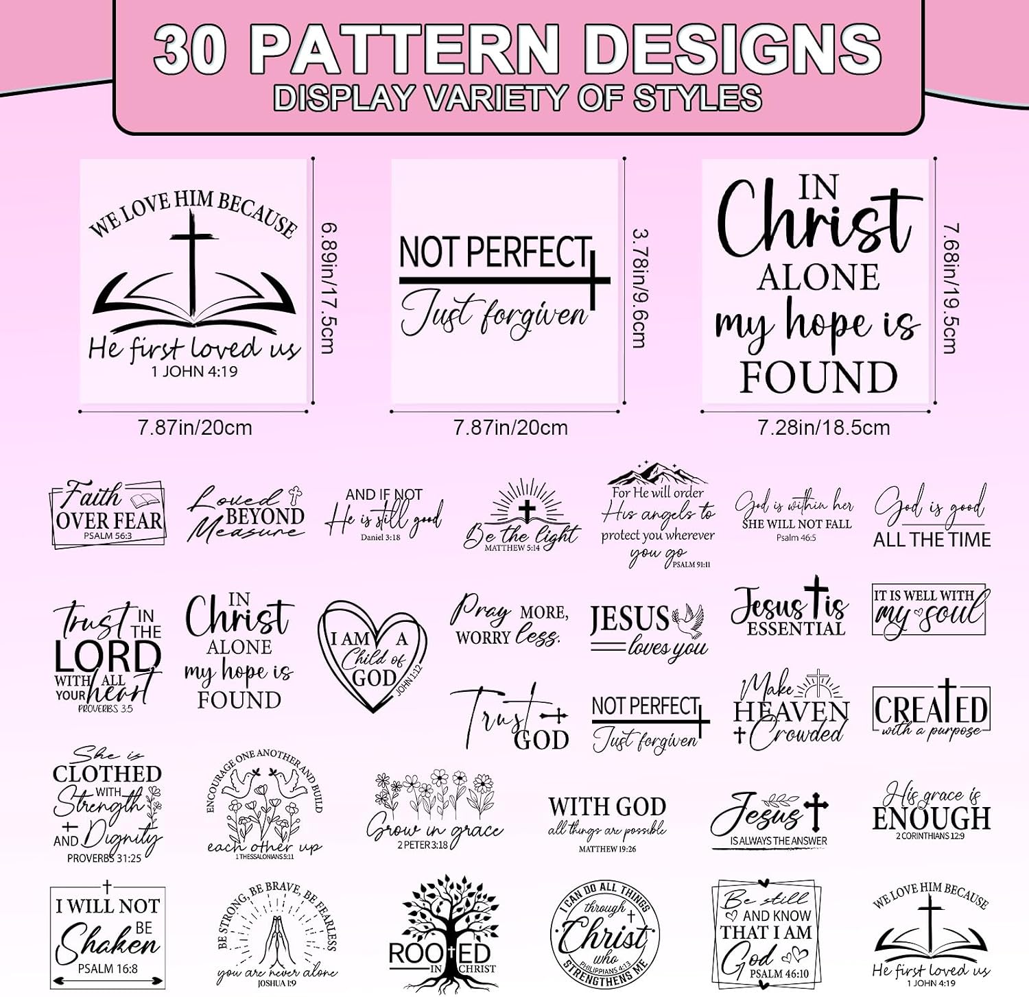 Rngmsi DTF Transfers Ready to Press - 30 Pcs Black Bible Verse Iron on Patches for T-Shirts, Christian Iron on Stickers Inspirational Heat Transfer Vinyl Decals for Clothes Bag DIY Fabric Decor