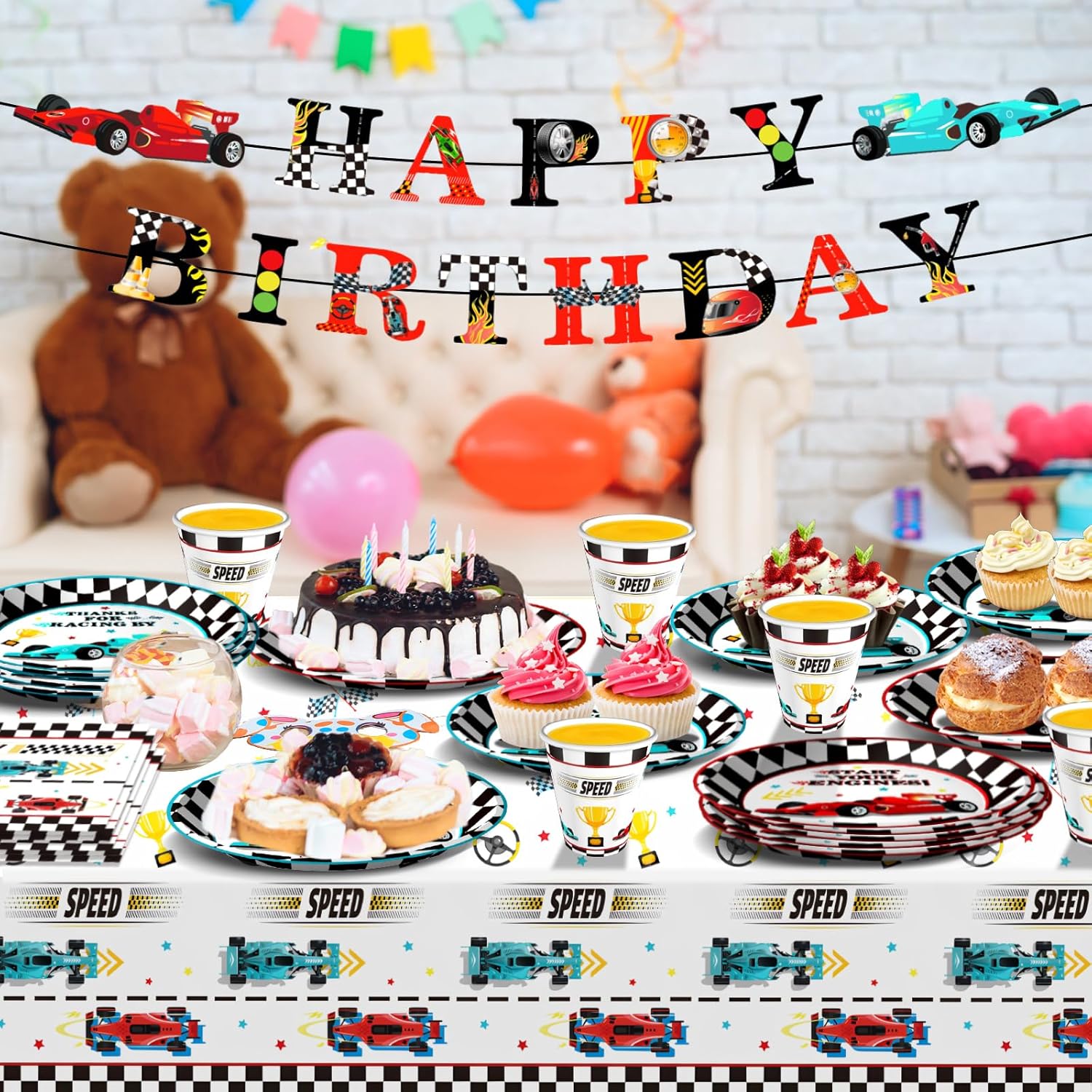 Race Car Birthday Party Decorations Supplies Set Includes Plates Napkins Cups Banner and Tablecloth for Race Car Party Decorations, Serve 24 - Image 5