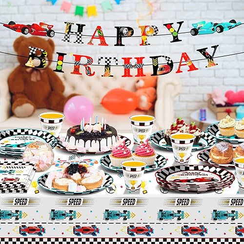 Miniatura 4 de Juego de suministros de decoración de fiesta de cumpleaños de coche de carreras, incluye platos, servilletas, tazas, pancartas y mantel