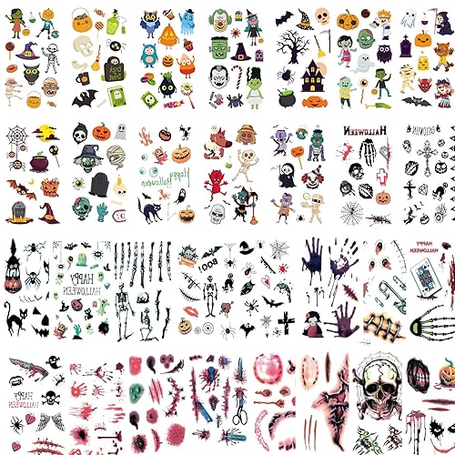 300+ Mixed Styles Temporary Tattoos for Halloween Fun - Both Cute and Scary Patterns - Pumpkin Sugar Spider Scar Skeleton Zombie & More Designs for