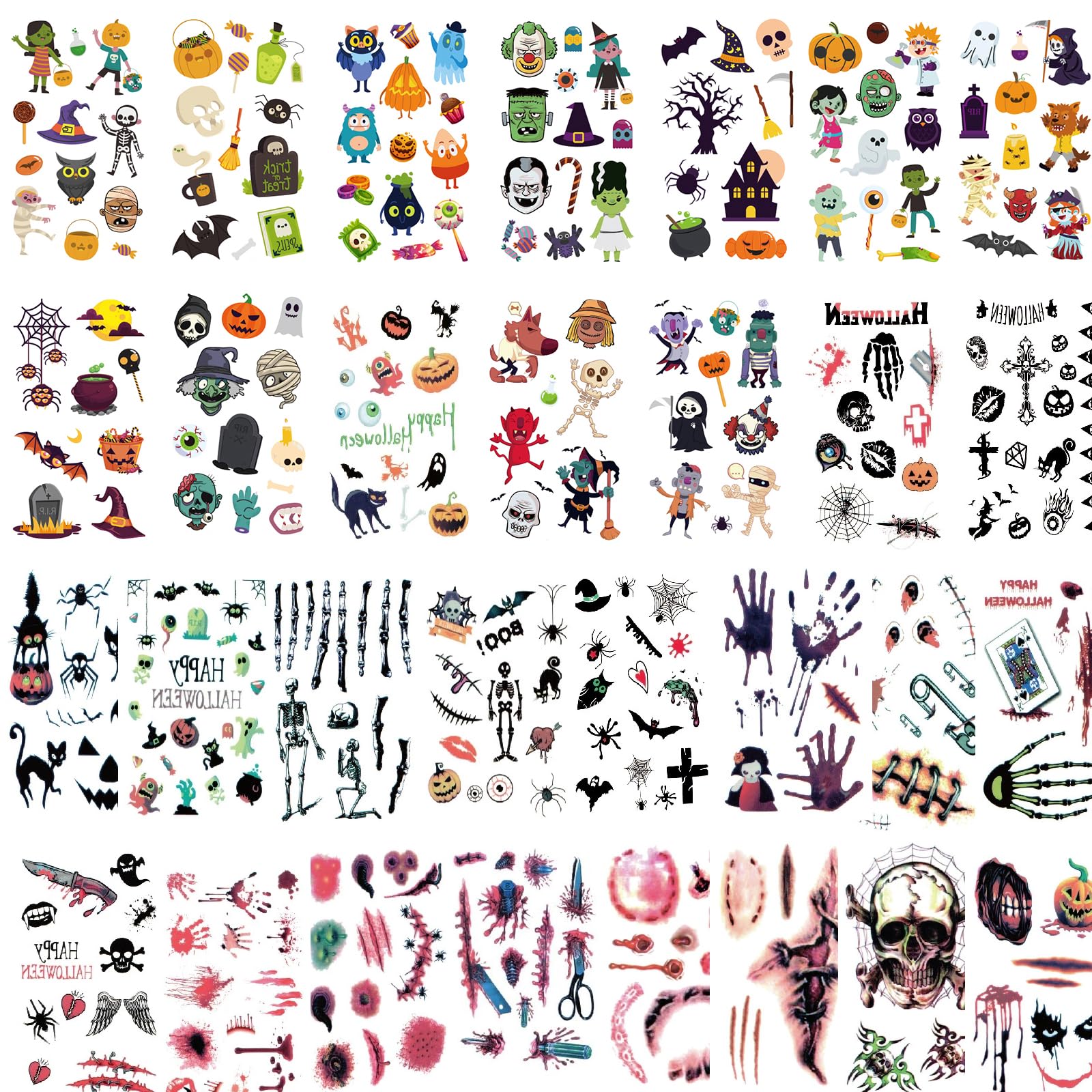300+ Mixed Styles Temporary Tattoos for Halloween Fun - Both Cute and Scary Patterns - Pumpkin Sugar Spider Scar Skeleton Zombie & More Designs for Costumes Makeup & Festivities! 30 Sheets