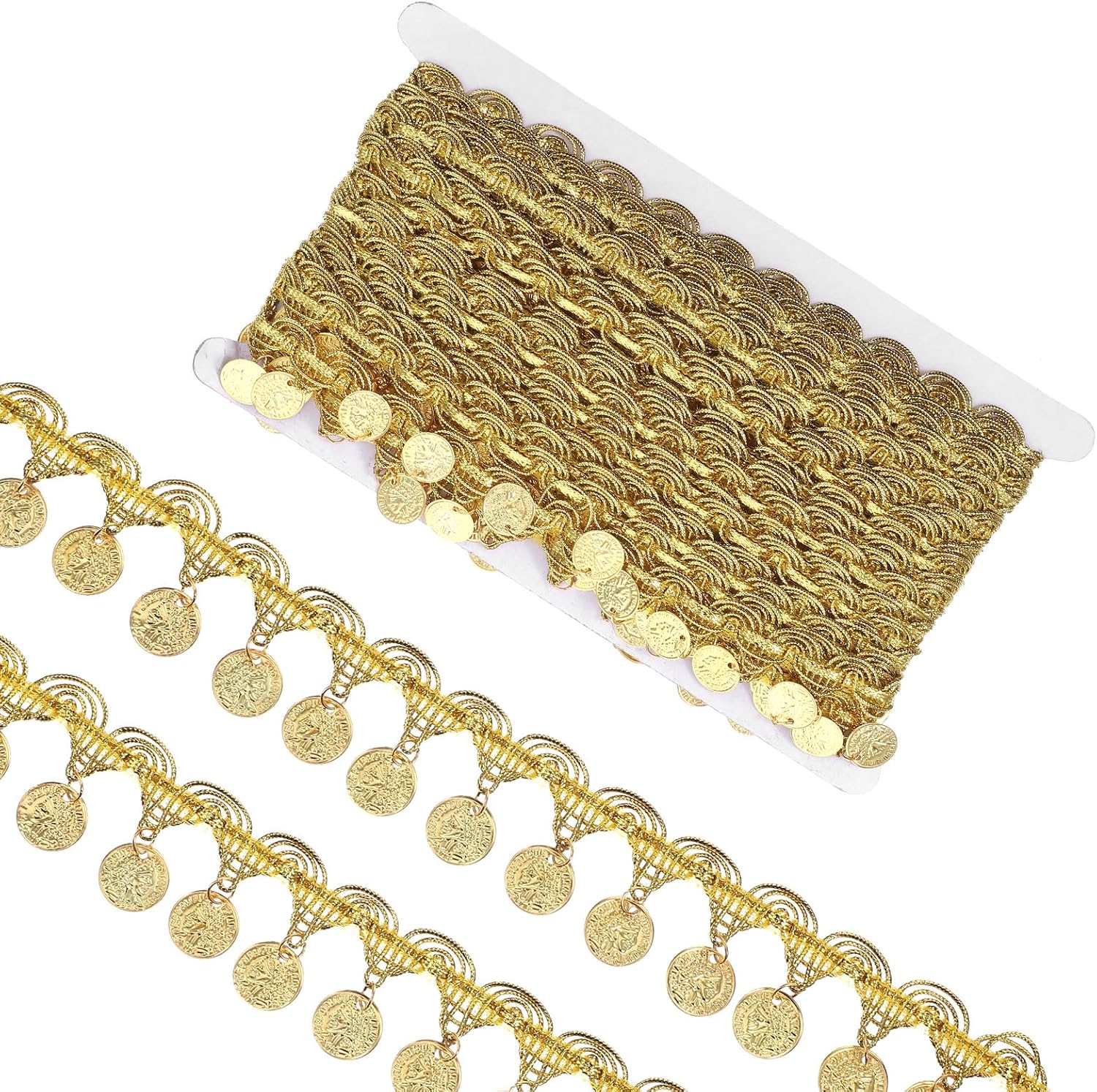 10 Yards Gold Coin Shape Sequin Tassel Trim, Glitter 1.6 Inch Sequins Lace Bead Fringe Trim, Sequins Tassel Lace Ribbon Fringe Dance Dress Belt Chain, for Dance Dress, Party, Clothing Decoration, DIY