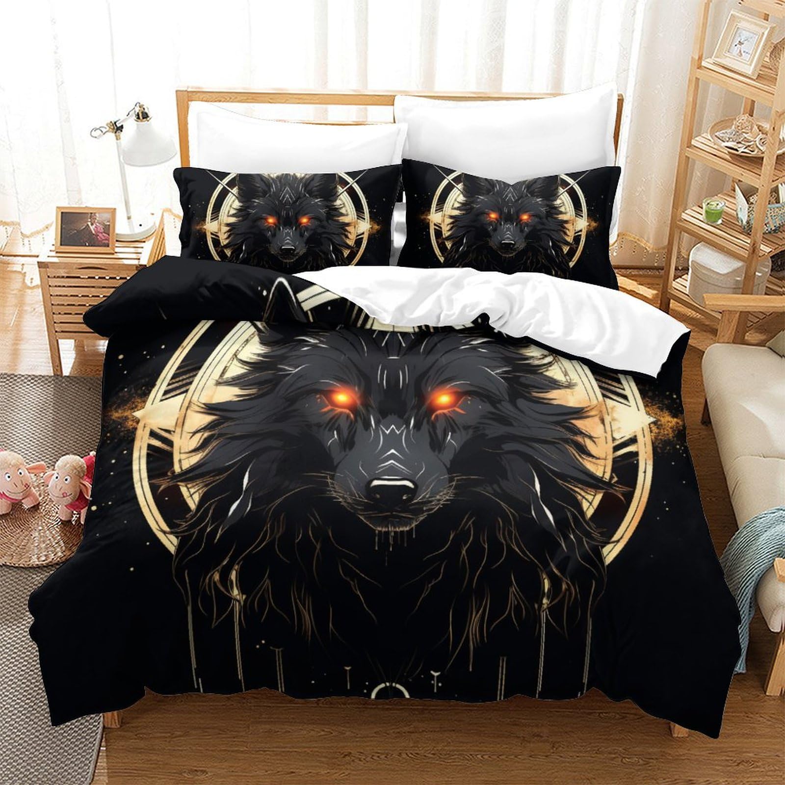 Housse de couette loup 3D 260x220 cm avec taies en microfibre pour lit super king
