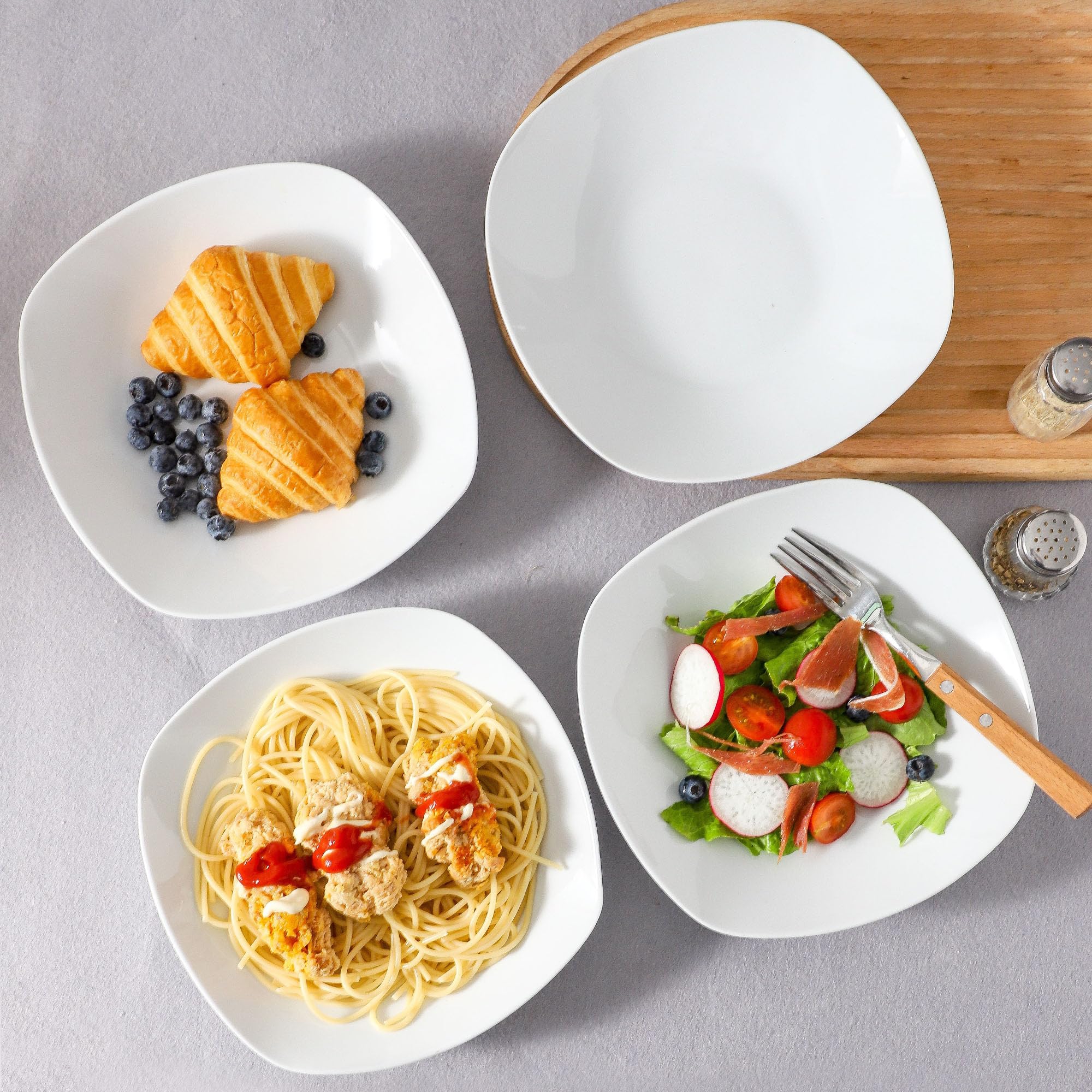 fMBB Cuencos grandes de cerámica para sopa, 8.5 pulgadas, moderno juego de 4 platos profundos de ensalada, platos cuadrados de porcelana, para frutas, cereales, postres, aperitivos, color blanco
