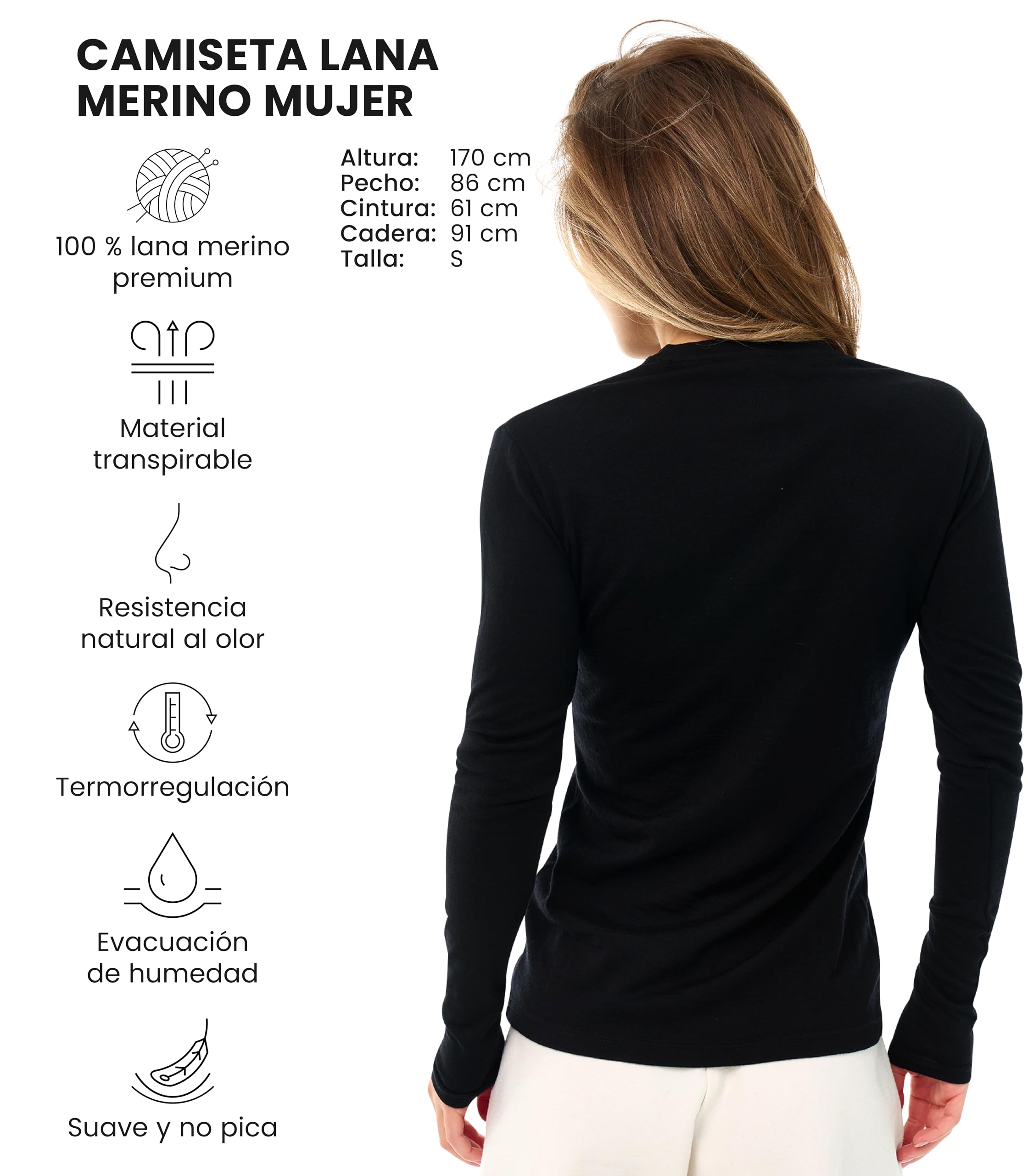 Merino.tech Сamisetas Mujer Manga Larga - 100% Lana Merino Ropa Termica (Medium, 190 Black)