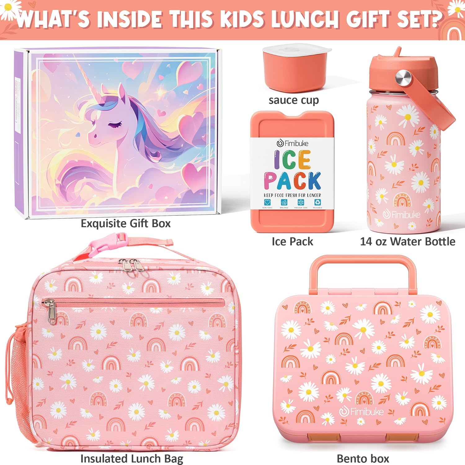 Fimibuke Bento Lunch Box for Kids - Toddler Snack Bento Box Container with 3 Compartments, Stainless Steel Water Bottle, Insulated Lunch Bag, Ice Pack Set for Ages 3-12 Girl Boy Daycare Back to School