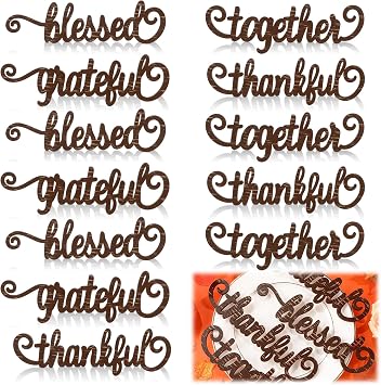 12 Pcs Thanksgiving Wood Cutouts Thankful Grateful Blessed Together Place Cards Fall Plate Letter Signs and Ornaments for Home Table Wall Dining Decor Black