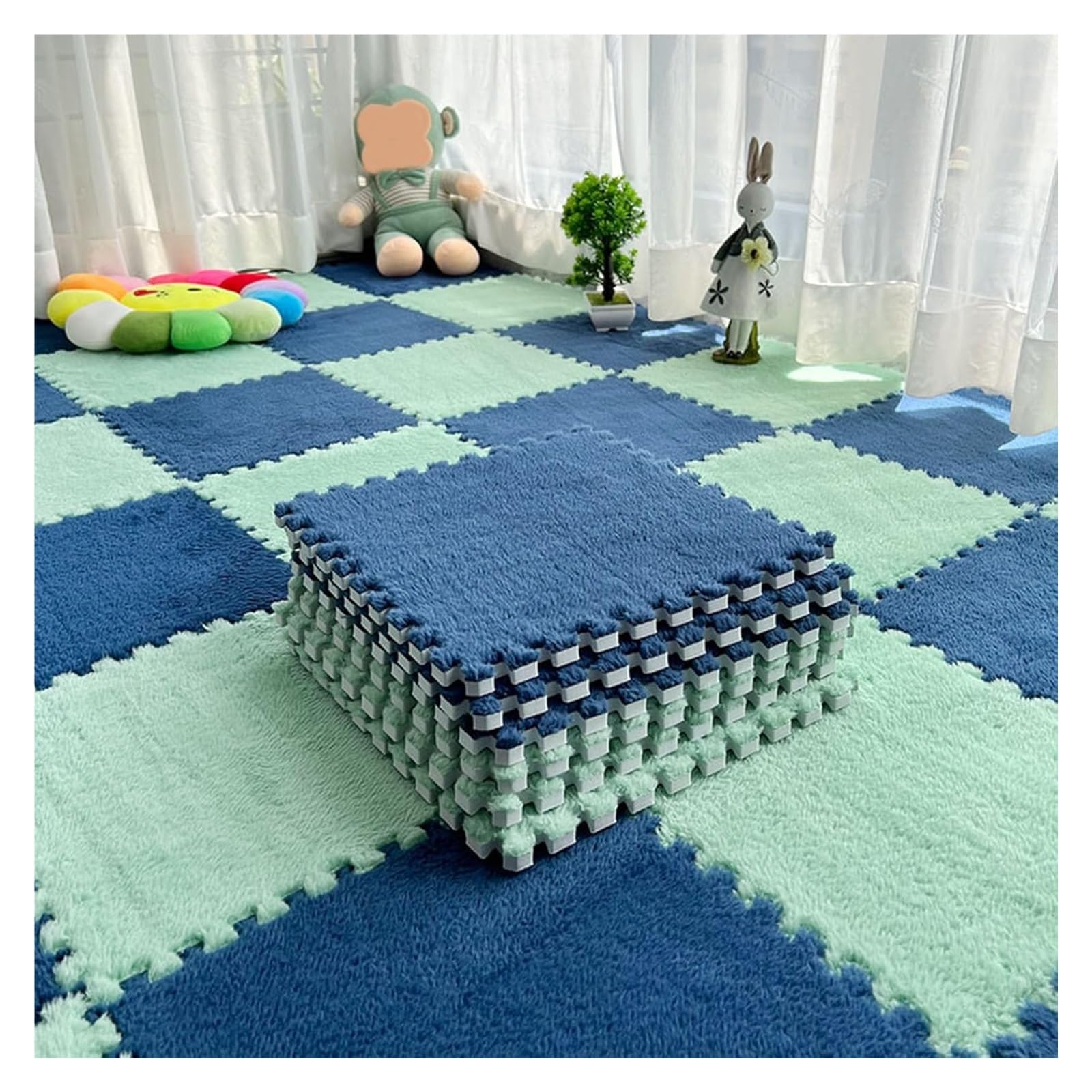 Dywany typu jigsaw, Miękkie, blokujące się płytki dywanowe 10 szt. kwadratowe piankowe miękkie dywany(Navy Blue+mint Green)