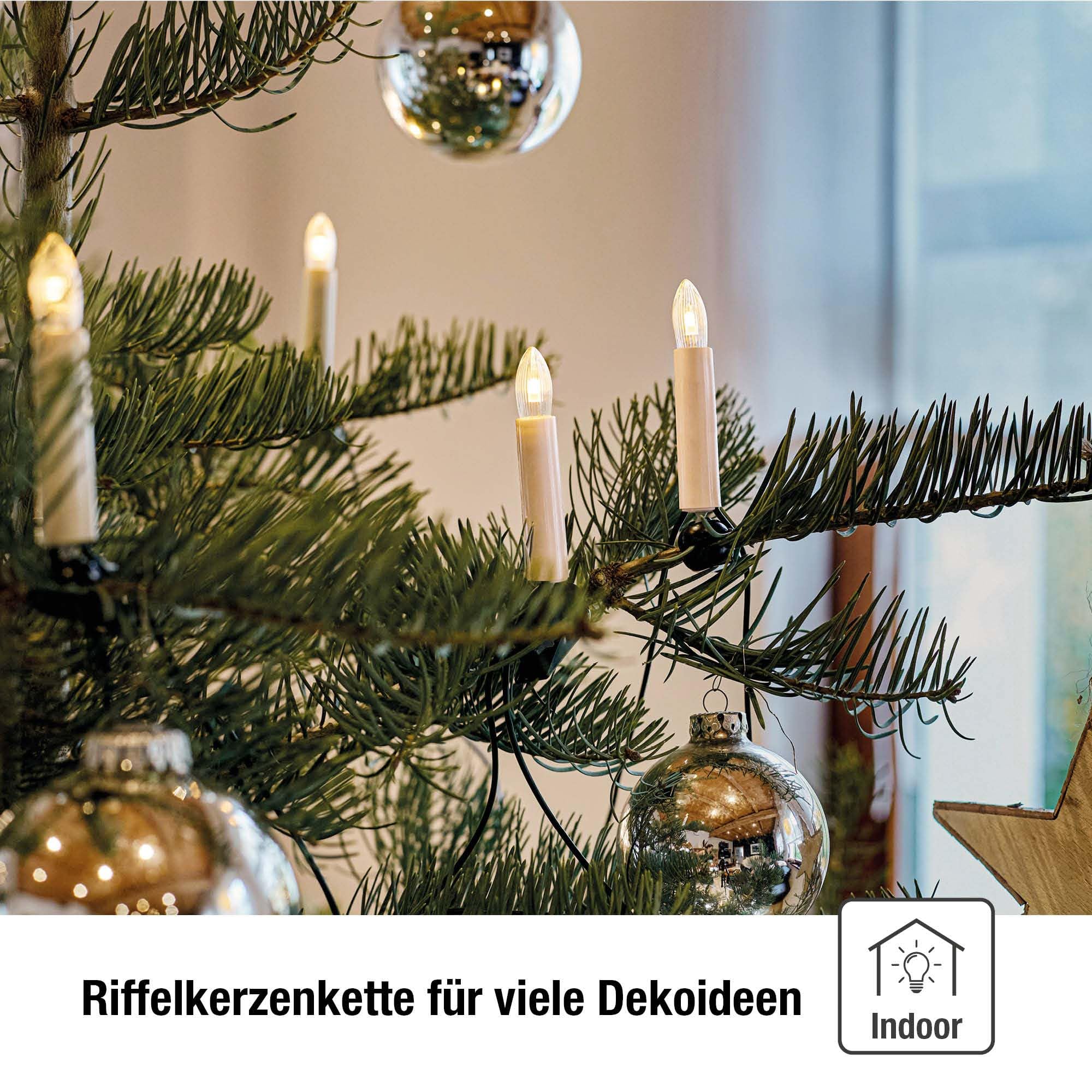 hellum LED Lichterkette Weihnachtsbaum, Made in Germany, Lichterkette mit Clip, 20 Lichter, beleuchtete Länge 13,30 m, Kabel grün, wamrweiß, für Innen, teilbarer Stecker, 3 Ersatzkerzen, <59lm 430165