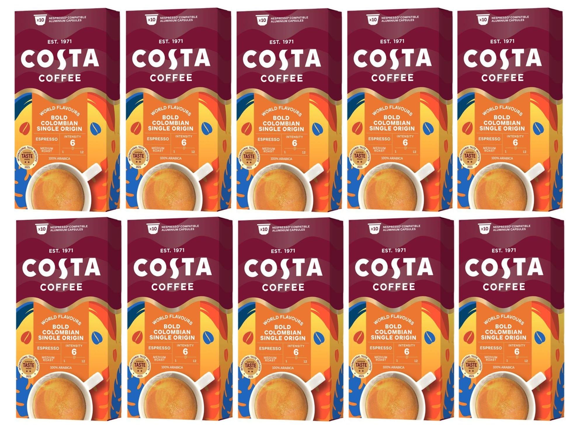 Costa Bold Colombian Coffee Pods, Pack of 10, Total 100 Coffee Capsules