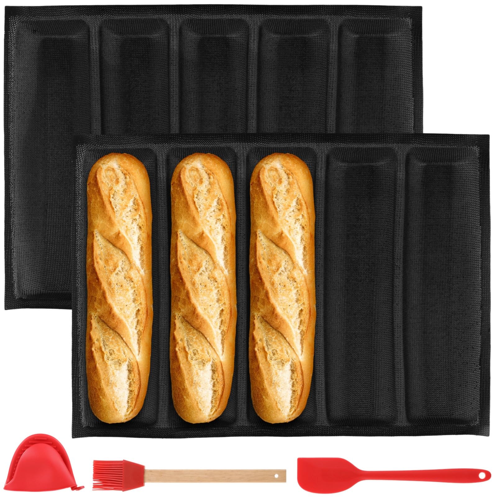 Generisch 2 Stk. 5-Fach Baguette-Backform, Fiberglas-Silikon-Backformen mit Silikonspatel, Pinsel und Hitzeschutz-Clip, belüftete Form für französisches Brot und Hotdog-Brötchen