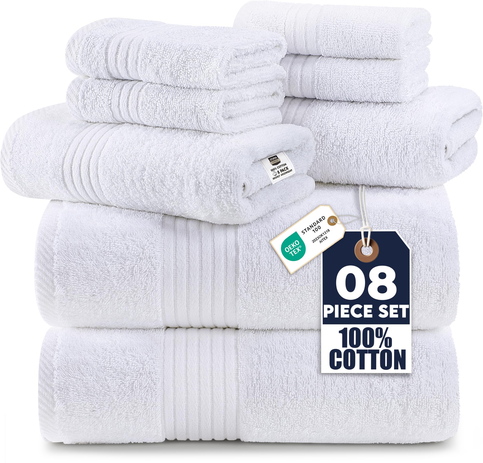 Utopia Towels 8 Piece Premium Towel Set, 2 Bath, 2 Hand, and 4 Washcloths, 100% Ring Spun Cotton, Highly Absorbent Towels for Bathroom, Sports, and Hotel, White