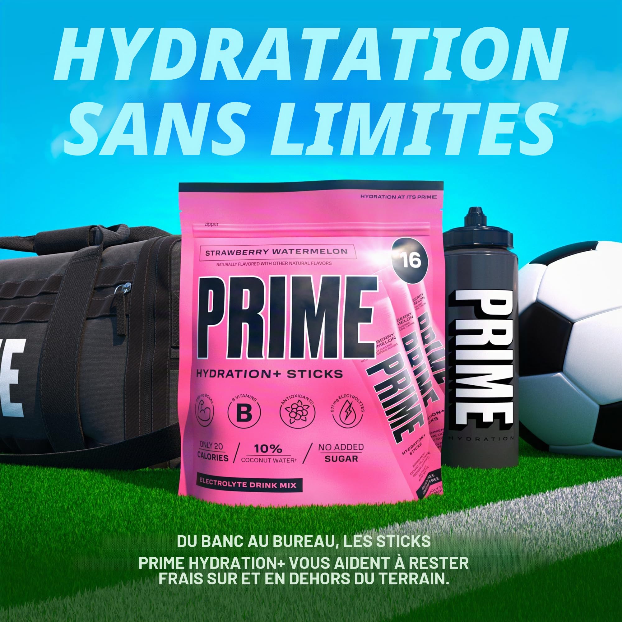PRIME HYDRATION + Sticks Fraise Pastèque | Bâtonnets de poudre d'hydratation à portion unique | Poudre d'électrolyte en déplacement | Faible teneur en sucre | Sans caféine | Végétalien | 16 bâtonnets