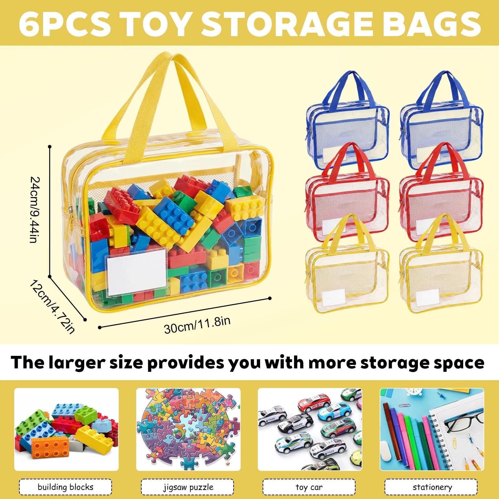 6 Stück Spielzeug-Aufbewahrungstaschen, transparente Aufbewahrungsbeutel für Spielzeug, wiederverwendbar, wasserdicht, Spielzeugtasche, mit Griffen, PVC-Organisationshilfe (3 Farben)