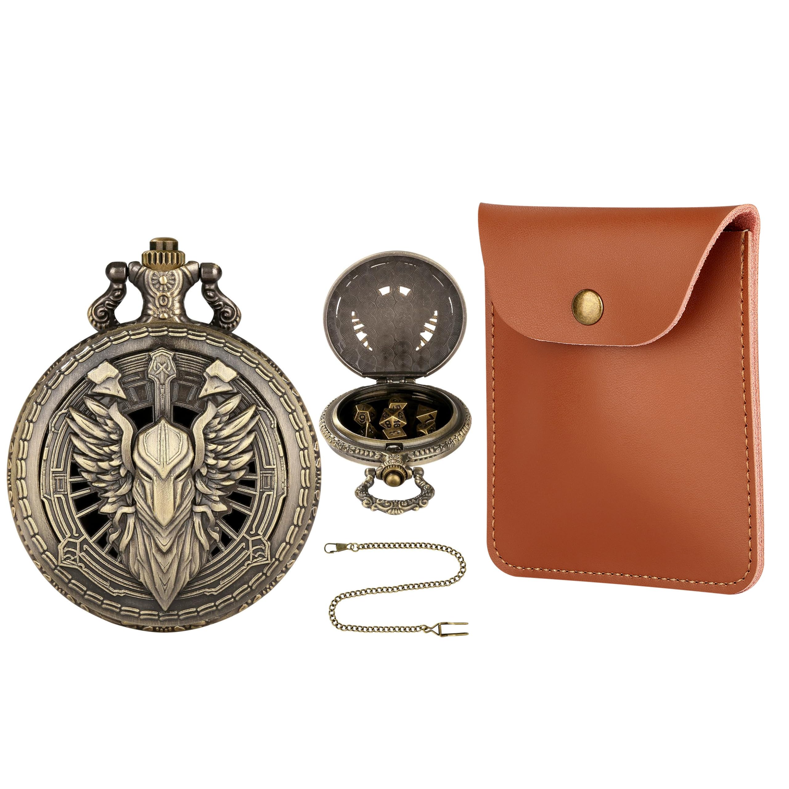 Yuelulala 7pcs Mini Dice Set with Bronze Hollow Paladin Knight Warrior Pocket Watch Shell Case with Dice Bag, Polyhedral Metal Dice Set, Role Playing Board Games Accessories Fantasy Gift (A242-1)