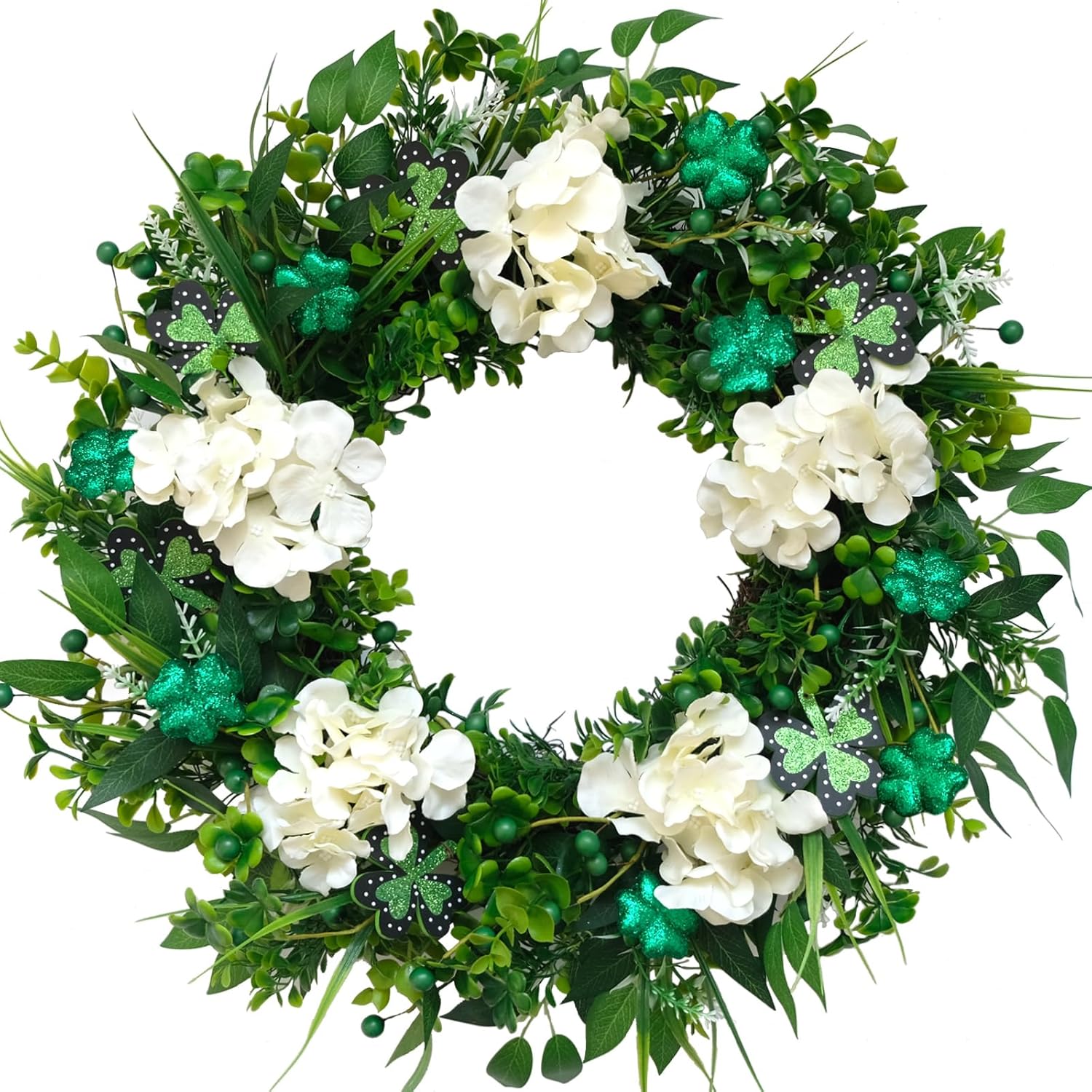idyllic 22" St Patrick Day Wreath for Front Door Clover Green Shamrock Wreath with Hydrangeas Spring/Summer Artificial Wreath Irish St. Patrick’s Day Decoration for Wall Window Porch Home