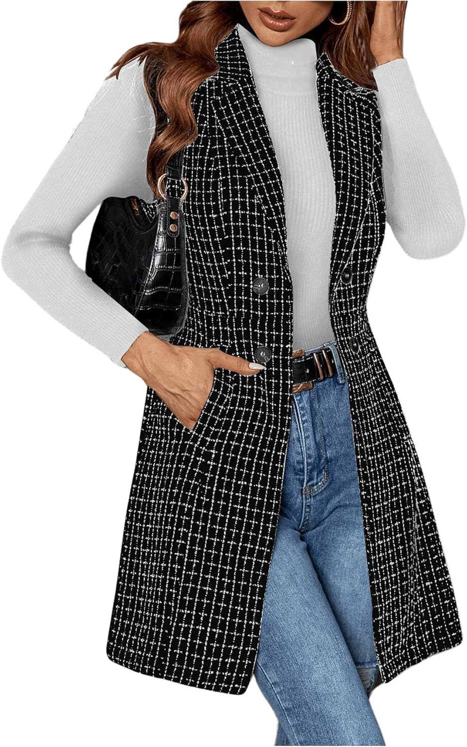 GORGLITTER Women's Tweed Plaid Long Blazer Vest Sleeveless Trendy Fall Business Casual Dressy Work Blazer Jackets 2025 - Image 4