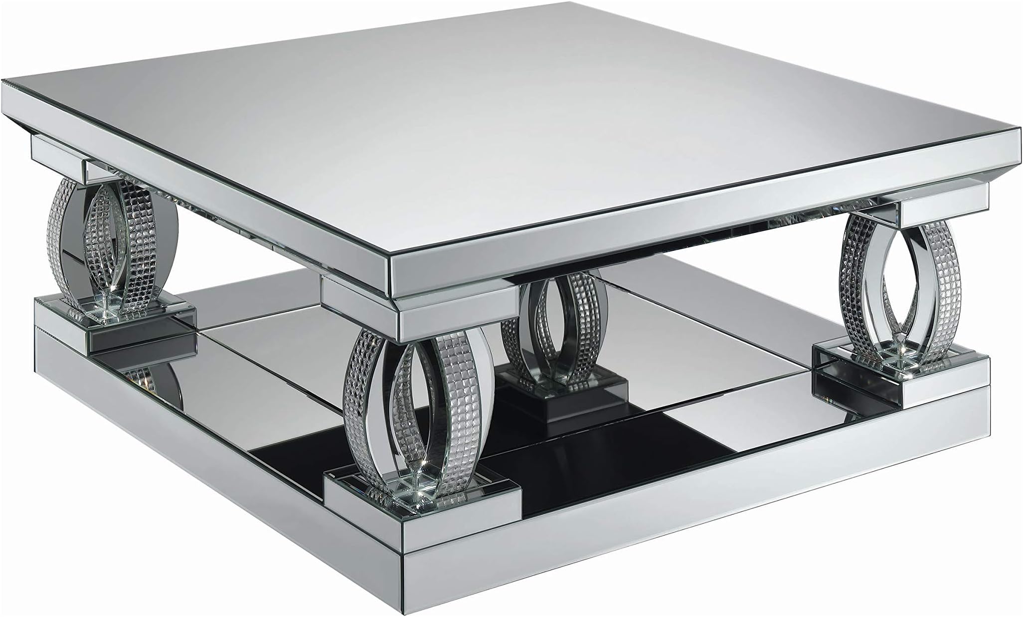 Coaster Home Furnishings Amalia Square Mirrored Cocktail Living Room Sofa Coffee Table Glam Acrylic Crystal Legs with Bottom Shelf No Assembly Clear Mirror 722518