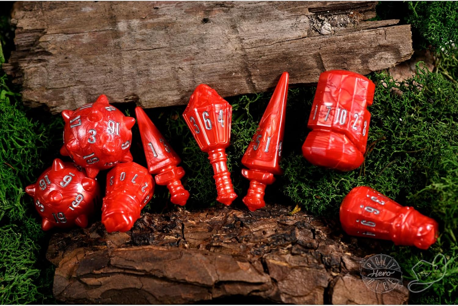 PolyHero Warrior Dice Set – Crimson Carnage | 8 Weapon-Themed RPG Dice for D&D & TTRPG'S | Spike Ball d20s, Sword d6 | Unique Gift for Tabletop Gamers image 2