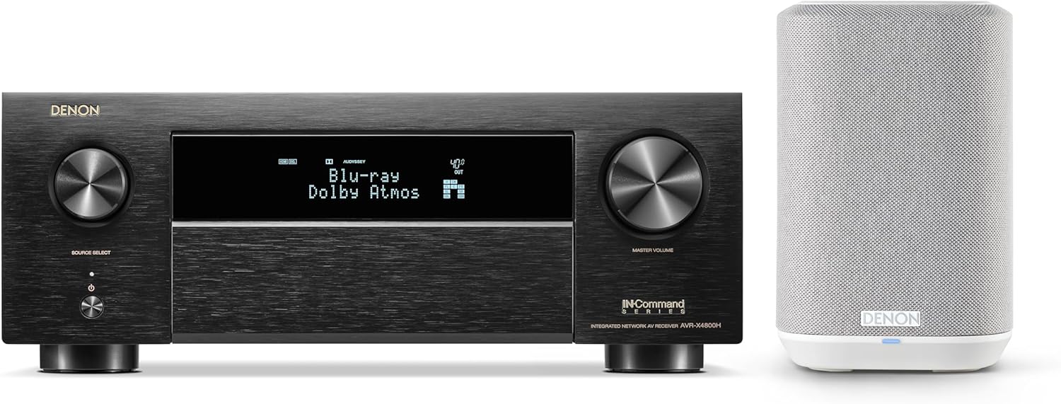 Bundle of Denon AVR-X4800H 9.4-Ch Receiver - 8K UHD Home Theater AVR (125W X 9) Built-in Bluetooth, Wi-Fi + Denon Home 150 NV Wireless Speaker (White), 1" Tweeter, 3.5" Woofer