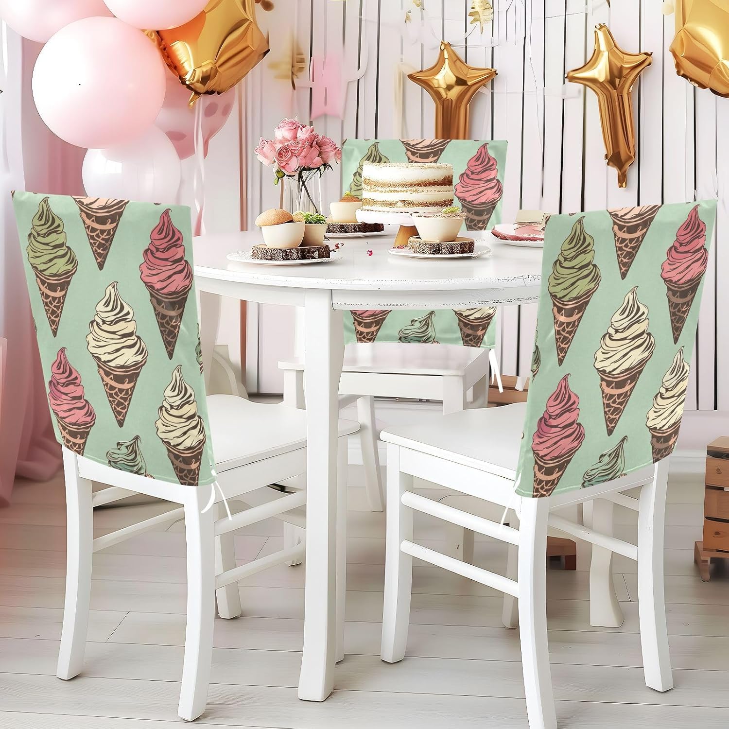 ALAZA Colorful Ice Cream Chair Back Cover Set of 6, Washable Reusable Removable Chair Slipcovers Decorative Chair Cover for Home Kitchen Wedding Party