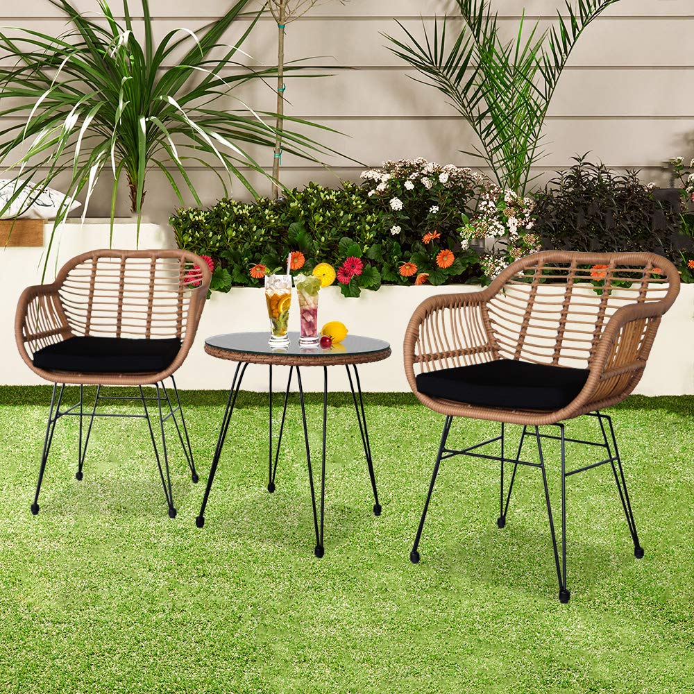 Alightup Salon de Jardin Rétro 2 Places, Ensemble de Meubles en Résines Tressés, Fauteuil Rotin Solide, Mobilier de Jardin avec Coussins et du Verre Trempé, Marron