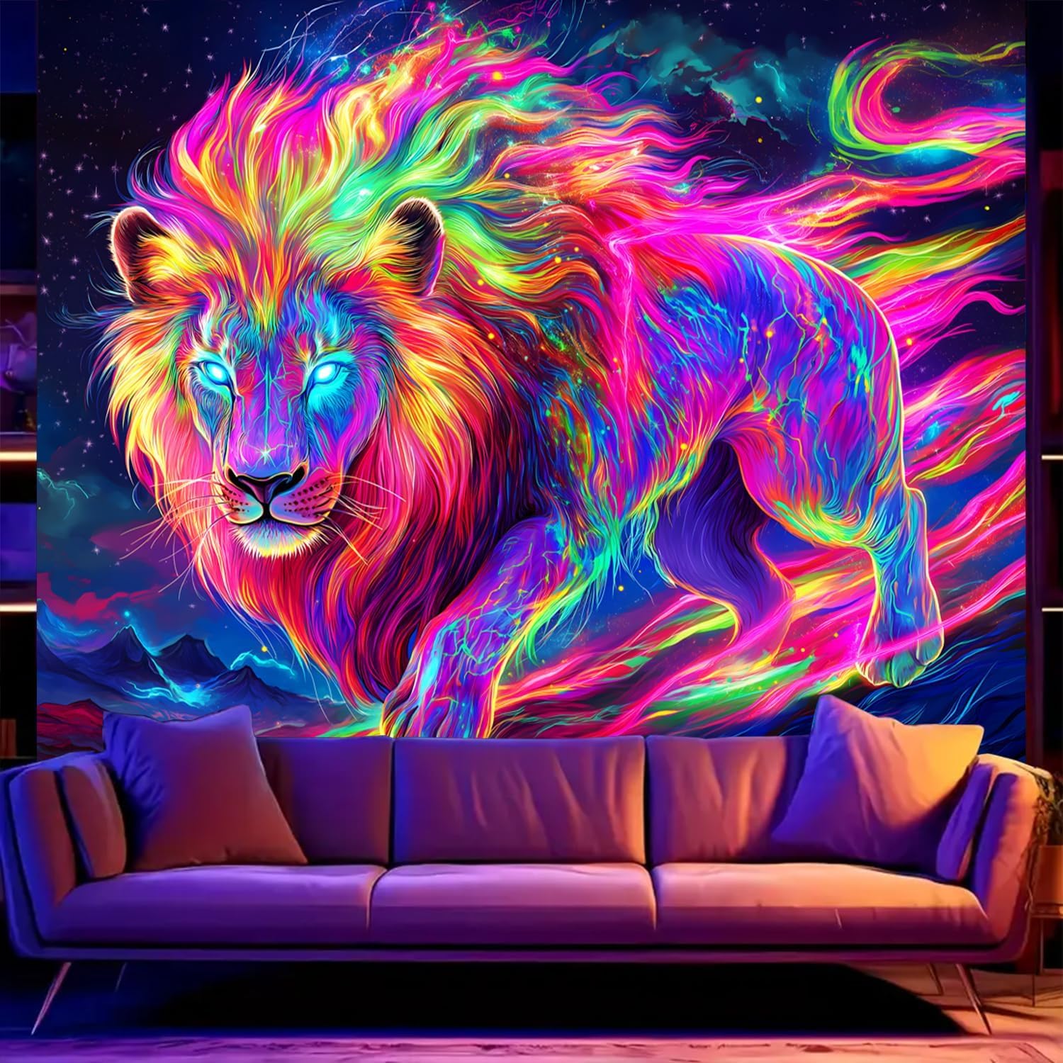 BSFHH Black Light Tapestry – UV Reactive Glow in the Dark Wall Hanging, Long-Haired Woman and Animal Black Light Tapestry, Wall Hanging Fluorescent Art Decoration, Bedroom, or Dorm (lion, 79"x59")
